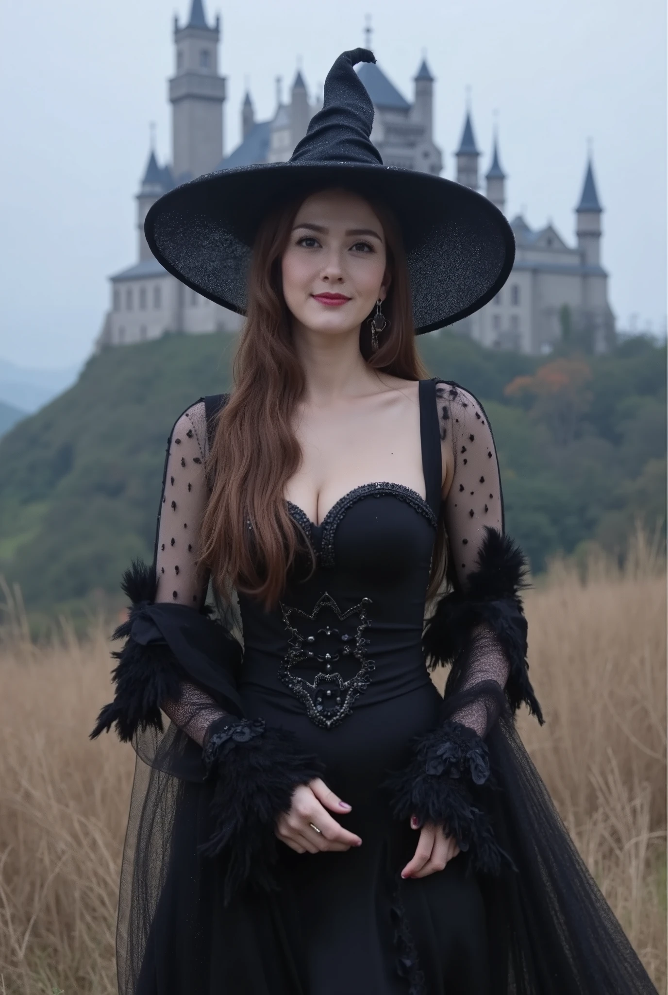 looking at viewert, busty figure, fleshy feeling,of the highest quality,Mature, 50 years old. My mother wears black metal armor over a bikini..standing in the forest.Mother blushed、Staring at me up and down, Gently seduce me. Leave her thighs and breasts exposed. Mother has big K-cup breasts .She has wrinkles around her eyes.Mother looks like Hitomi Kuroki.The mouth is half open.