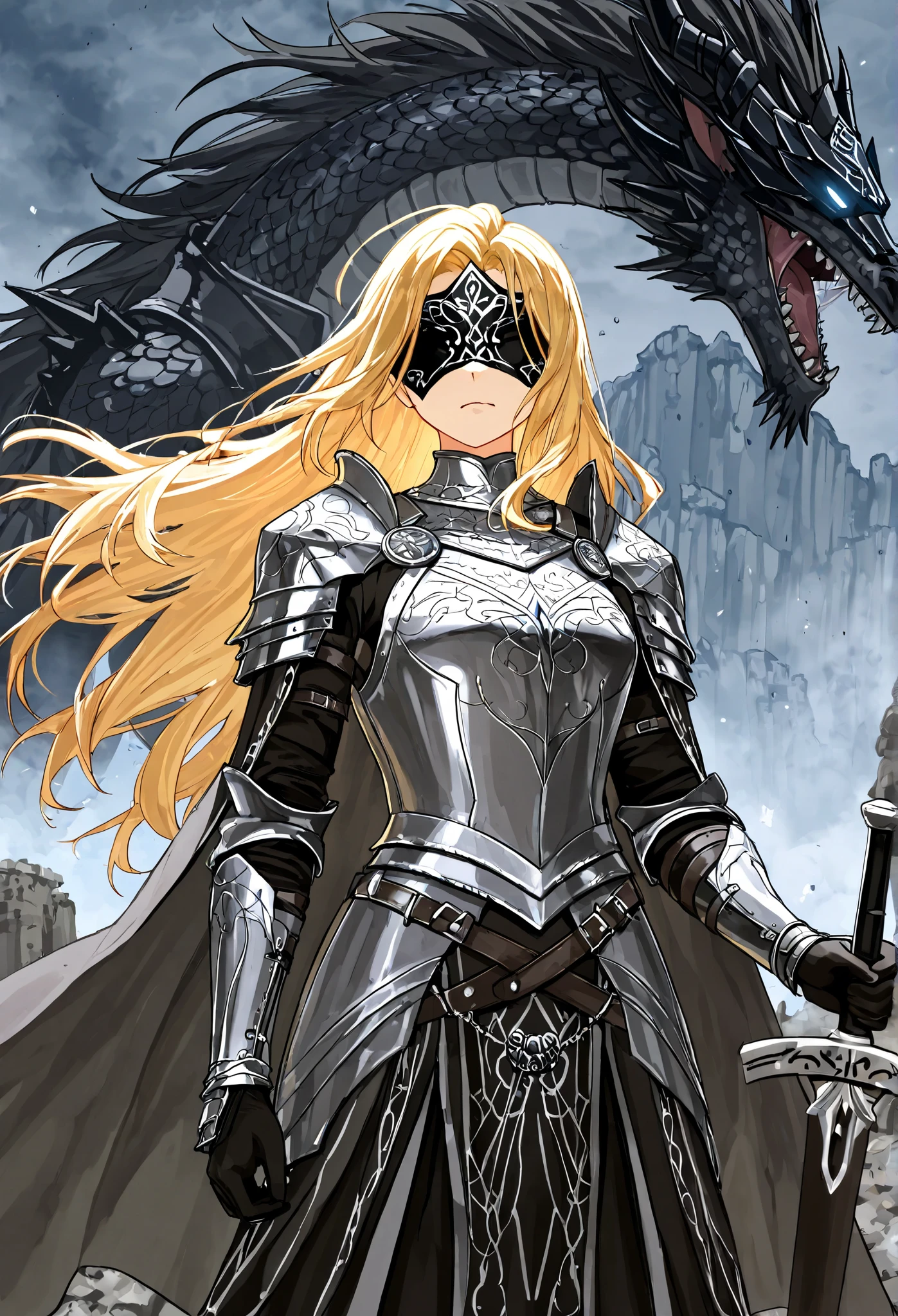 The image shows an imposing-looking warrior , wearing detailed armor with metallic shades of silver and black. She has long flowing blond hair and wears a black blindfold, What suggests a possible gift .  Her armor has ornate details ,  with sharp shoulder straps and an elegant chest ,  demonstrating a balance between functionality and refined aesthetics .
  The surrounding environment is a setting of cliffs and ruins ,  evoking an epic and desolate atmosphere .

 The warrior's posture is firm and confident ,  indicating a figure of great power and determination . She has a black crown on her head and an oriental dragon with aquatic features on her side.