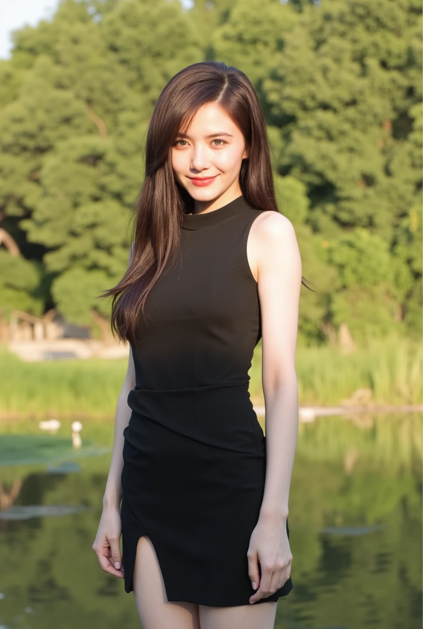 A charming and elegant office girl with fair skin and long, flowing brown hair stands in a sunlit public park. She wears a sleek, form-fitting black dress with a high slit and a mini skirt, accentuating her graceful figure. Her expression is warm and inviting, with a gentle smile and sparkling green eyes. The scene is bathed in soft, golden-hour sunlight, casting a warm, romantic glow over the park. The background features lush greenery and a tranquil pond, with a subtle film grain and a slight warm color grading, evoking the visual style of director Wes Anderson. The lighting setup includes a large softbox positioned to the left, providing gentle, diffused light, while a reflector on the right adds a subtle fill, creating a balanced and serene atmosphere.,kgirl