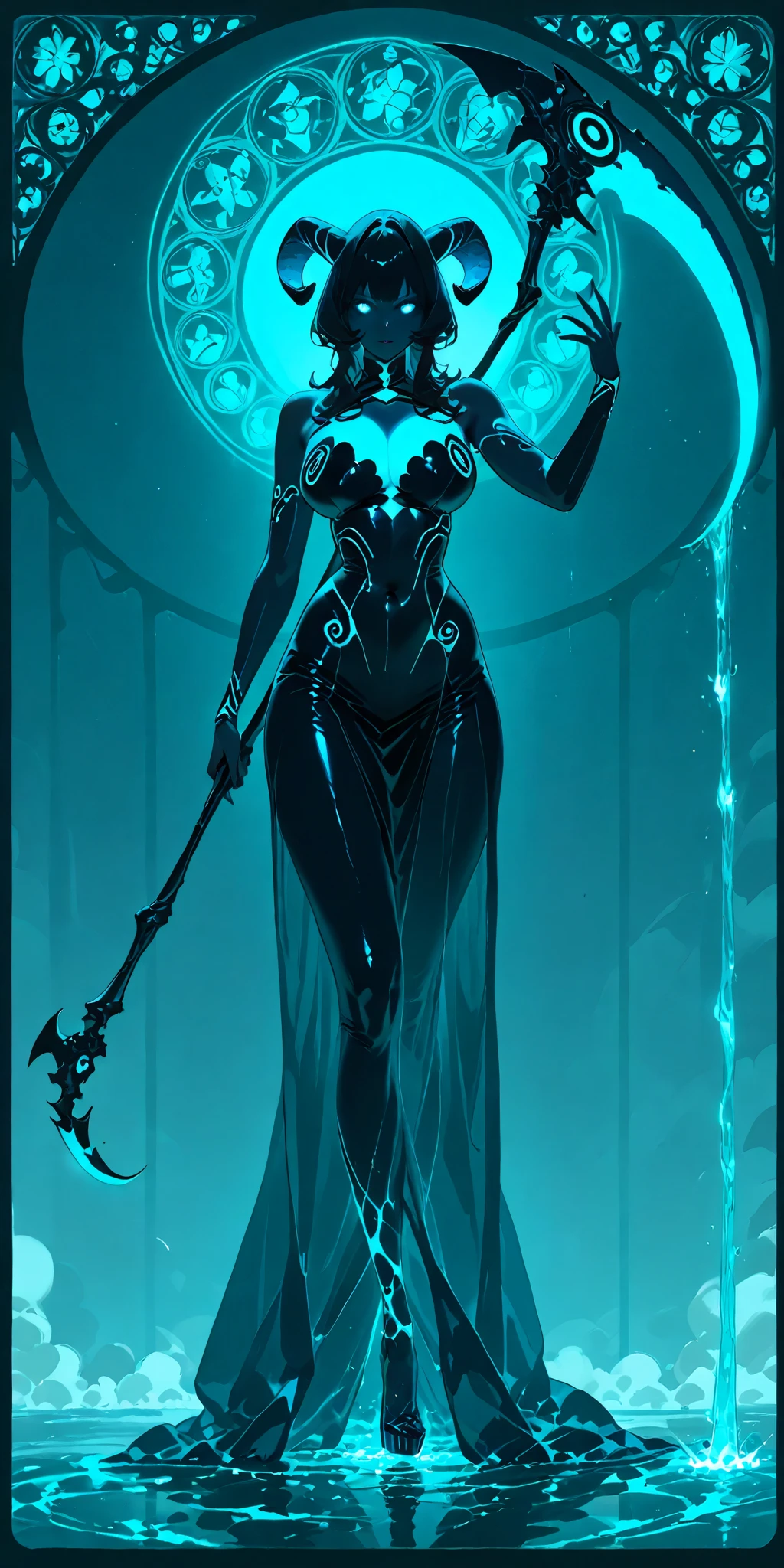 (limited palette:neon blue and violet ),sexy zombie, black woman, Scythe in hand, devil horns \(large\), highly detailed,returning from the dead, glowing eyes, light flowing in and out of her body, flowing glowing water, metal,, art nouveau