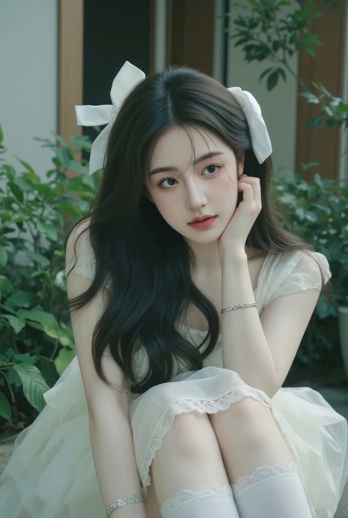 Pose: The model sits gracefully on the floor, leaning slightly to the side with her face resting on her right hand, exuding a dreamy, ethereal expression as she gazes directly at the camera.
Hair: Long, voluminous, wavy black hair cascades around her shoulders, adorned with delicate white ribbon bows tied on both sides, enhancing a soft, romantic aesthetic.
Outfit: She wears a vintage-inspired white dress with sheer, layered fabric and thin straps, creating a whimsical, fairytale-like aura. The dress subtly flows around her, blending with the scene's dreamy atmosphere.
Accessories: She has dainty silver bracelets on her wrist, adding a touch of elegance and subtle sparkle. White lace-trimmed socks complete the look, reinforcing the vintage, innocent style.
Setting: Surrounded by lush, verdant greenery with soft, diffused lighting, the setting creates an enchanting, otherworldly ambiance, enhancing the model's ethereal presence.