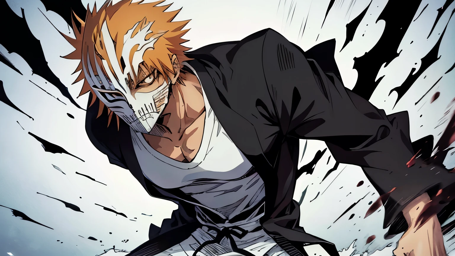 ((best quality)), ((masterpiece)), (detailed), A guy in white shirt , black pants , holding mask near his face, 8k anime, ichigo kurosaki, bleach