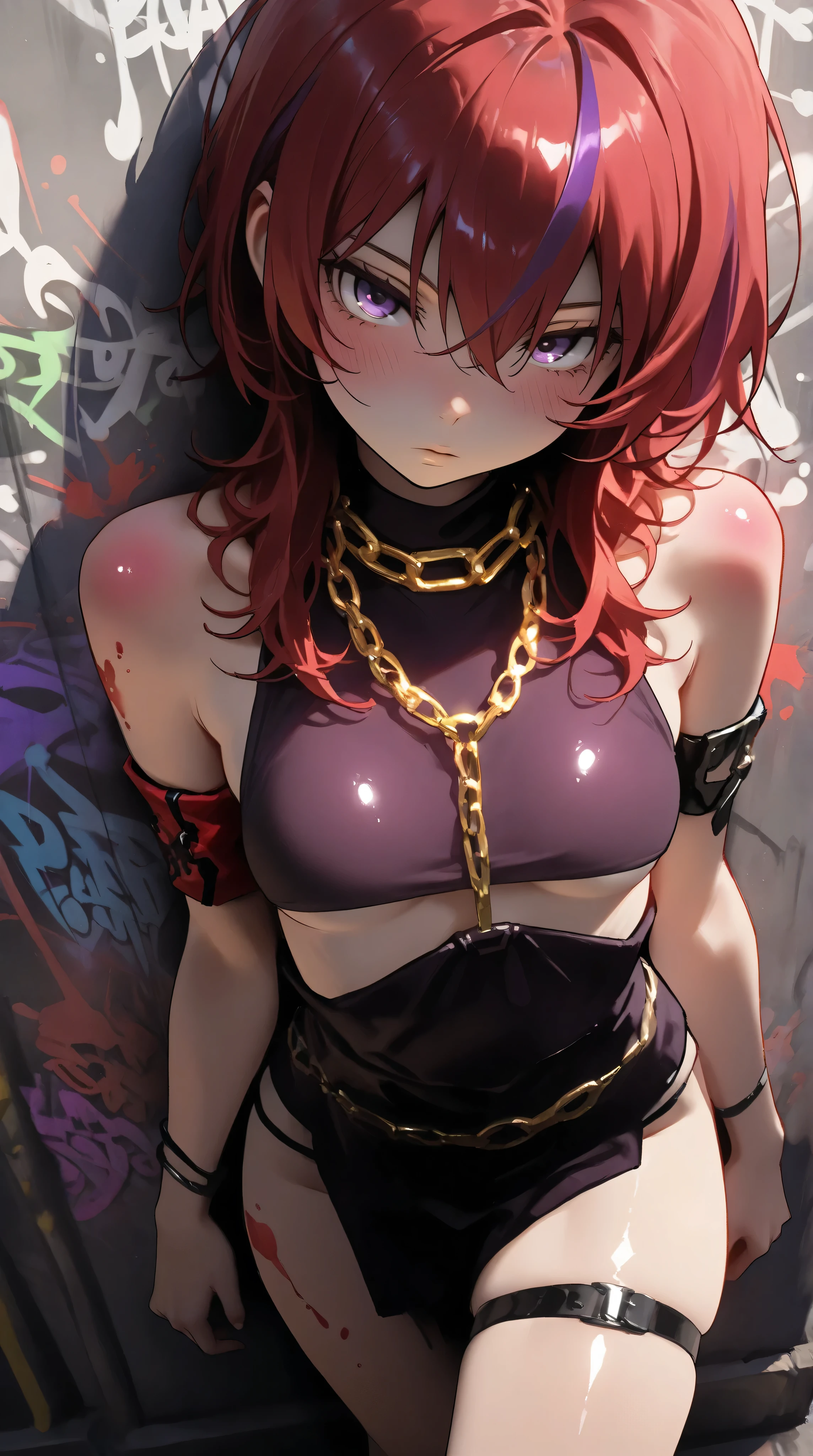 1girl, red hair, purple eyes , solo, gold chain, red and purple metallic street fashion, graffiti paint splatter, slouching, leaning back, sexy, against wall, looking at viewer, armband, thigh strap, streaked hair, paint on body, upturned eyes, head down, head tilt, from above, bored, expressionless, sideboob, small breasts, shiny skin, heavy blushing, body blush, dynamic pose,