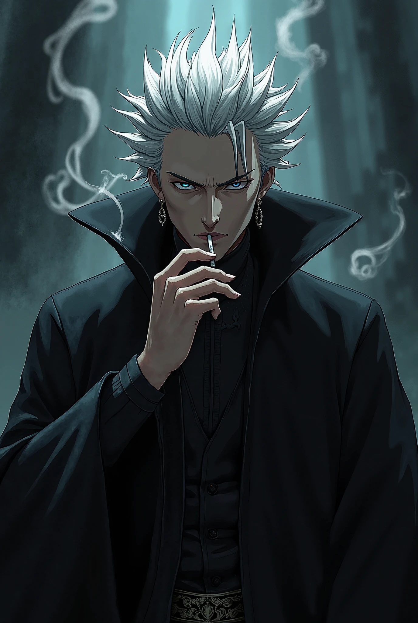 (CZWBZP:0.8), (score_9, score_8_up, score_7_up, score_6_up, source_anime:0.7), cowboy shot, solo, 1boy, catboy, white hair, absurdly long hair, blue eyes, (black turtleneck:0.9), black shirt, black pants, black gloves, yellow cloak, floating in outer space, burning cigar, sucking, space, star \(sky\), looking at viewer