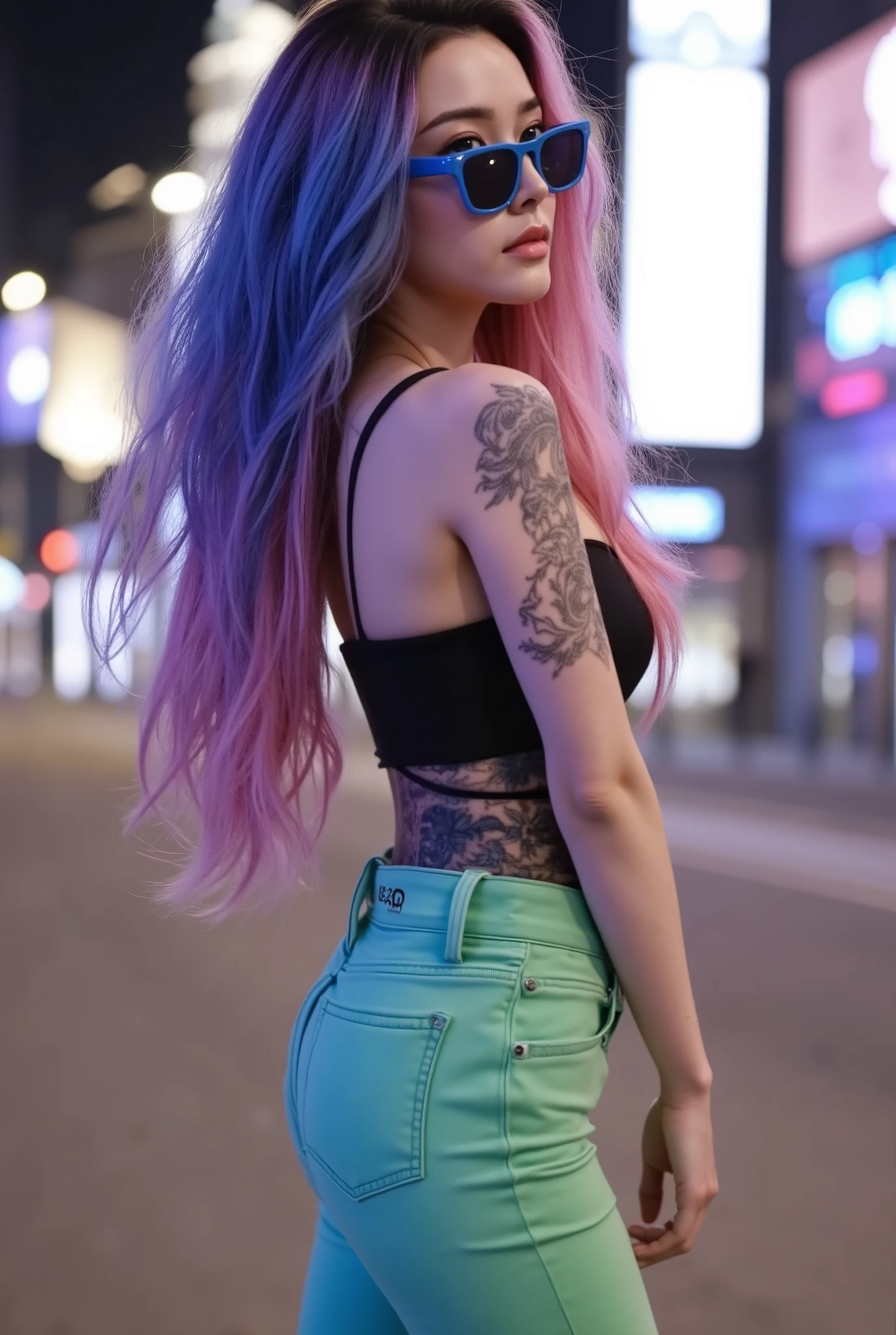best quality, masterpiece, beautiful and aesthetic, 16K, (HDR:1.4), high contrast, bokeh:1.2, lens flare, (vibrant color:1.4), (muted colors, dim colors, soothing tones:0), cinematic lighting, ambient lighting, sidelighting, Exquisite details and textures, cinematic shot, Warm tone, (Bright and intense:1.2), wide shot, by playai, ultra realistic illustration, siena natural ratio, anime style, head to thigh portrait, very long curly hair, (pink|blue hair:1.5), Light green loose-fitting, skinny jeans, a sexy instagram Hot Swiss model, with a tattoo, Aqua eyes, big retro sunglasses, ultra hd, realistic, vivid colors, highly detailed, UHD drawing, pen and ink, perfect composition, beautiful detailed intricate insanely detailed octane render trending on artstation, 8k artistic photography, photorealistic concept art, soft natural volumetric cinematic perfect light, nsfw, naked,flux-jgirl