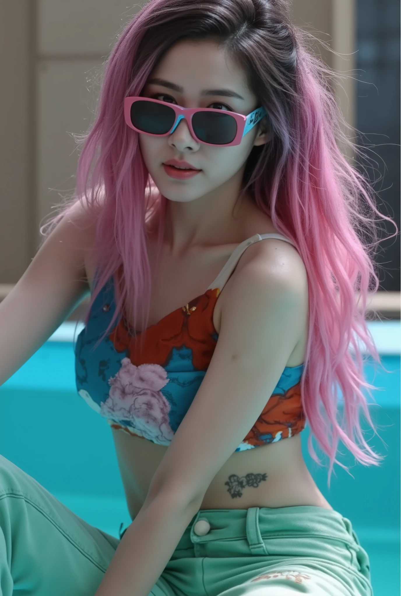 (masterpiece, top quality, best quality,watercolor (medium),official art, beautiful and aesthetic:1.2),(1girl:1.3), (fractal art:1.3),upper body, from side, looking at viewer,patterns,(rainbow color Hair,colorful hair,half blue and half pink hair:1.2),water,liquid, cloud,colorful, starry,stars,