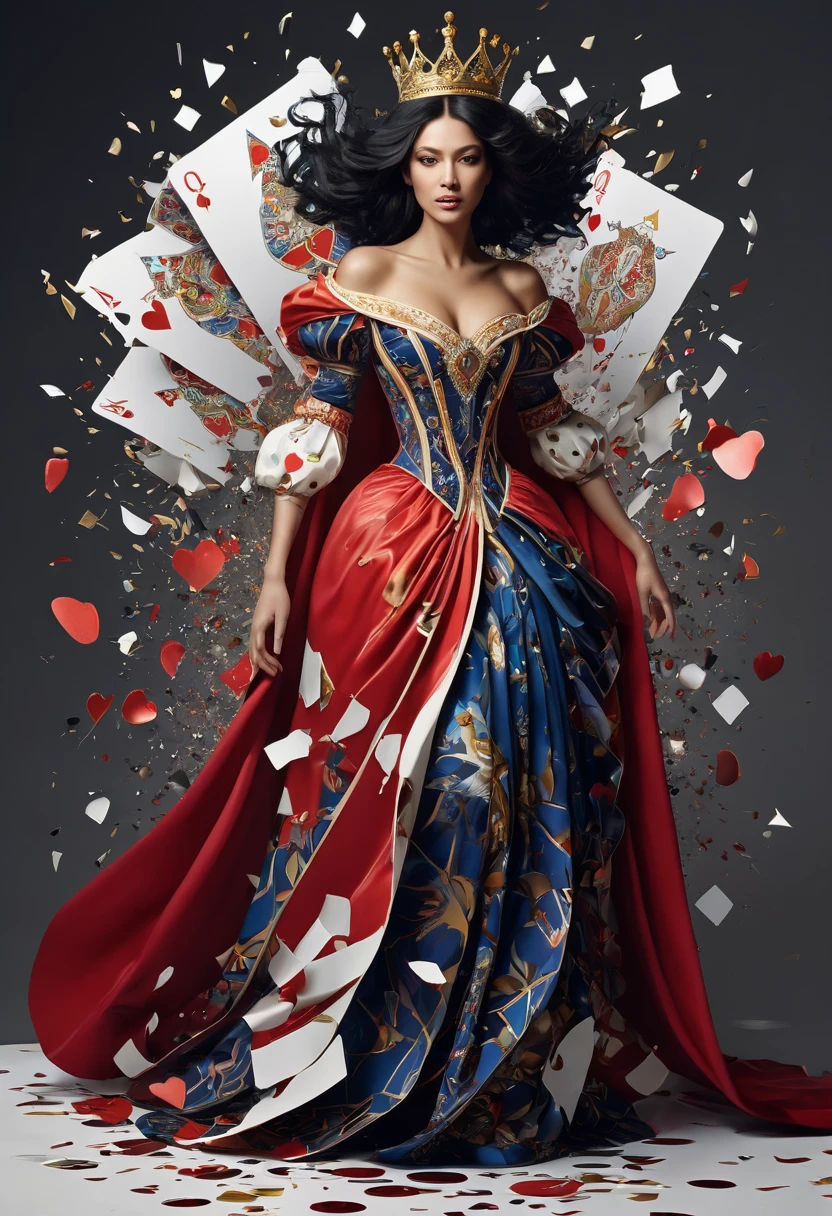 A surreal digital illustration featuring a dramatic scene where a large Queen of Hearts playing card is shattered into fragments, creating a sense of dynamic motion and depth. The card, positioned vertically and tilted slightly to the right, is predominantly white with red heart motifs and a black border. The traditional depiction of the Queen of Hearts on the card is partially visible through the shattered surface, wearing a crown, a detailed dress with intricate gold, red, blue, and white patterns, puffed sleeves, and a deep neckline. she emerging from the broken card has long, dark blue-black hair flowing behind her, wearing a golden crown, an ornate off-shoulder dress with intricate gold, red, blue, and white embroidery, a deep V-neckline, puffed sleeves, and a crimson red cape that billows dramatically. Her right arm is stretched forward while her left arm is bent back, suggesting she is in mid-motion, possibly running or jumping. She wears red high-heeled shoes with ankle straps and a delicate gold necklace. The woman's skin tone is light with a warm peach undertone, contrasting beautifully with her attire. The shattered fragments of the card are scattered around her, appearing to explode outward in various directions, adding to the surreal and dynamic feel of the image. These fragments are sharp, white, and metallic, contrasting with the colorful card design. The background is a smooth, light gray gradient, providing a neutral backdrop that emphasizes the central elements and adds to the fantastical atmosphere. The overall composition is balanced, with the main subject positioned slightly to the right of center, creating a powerful visual impact. The lighting is soft and even, highlighting the intricate details of the woman's attire, the broken card, and the surrounding environment without harsh shadows, enhancing the fantastical and dynamic nature of the scene.