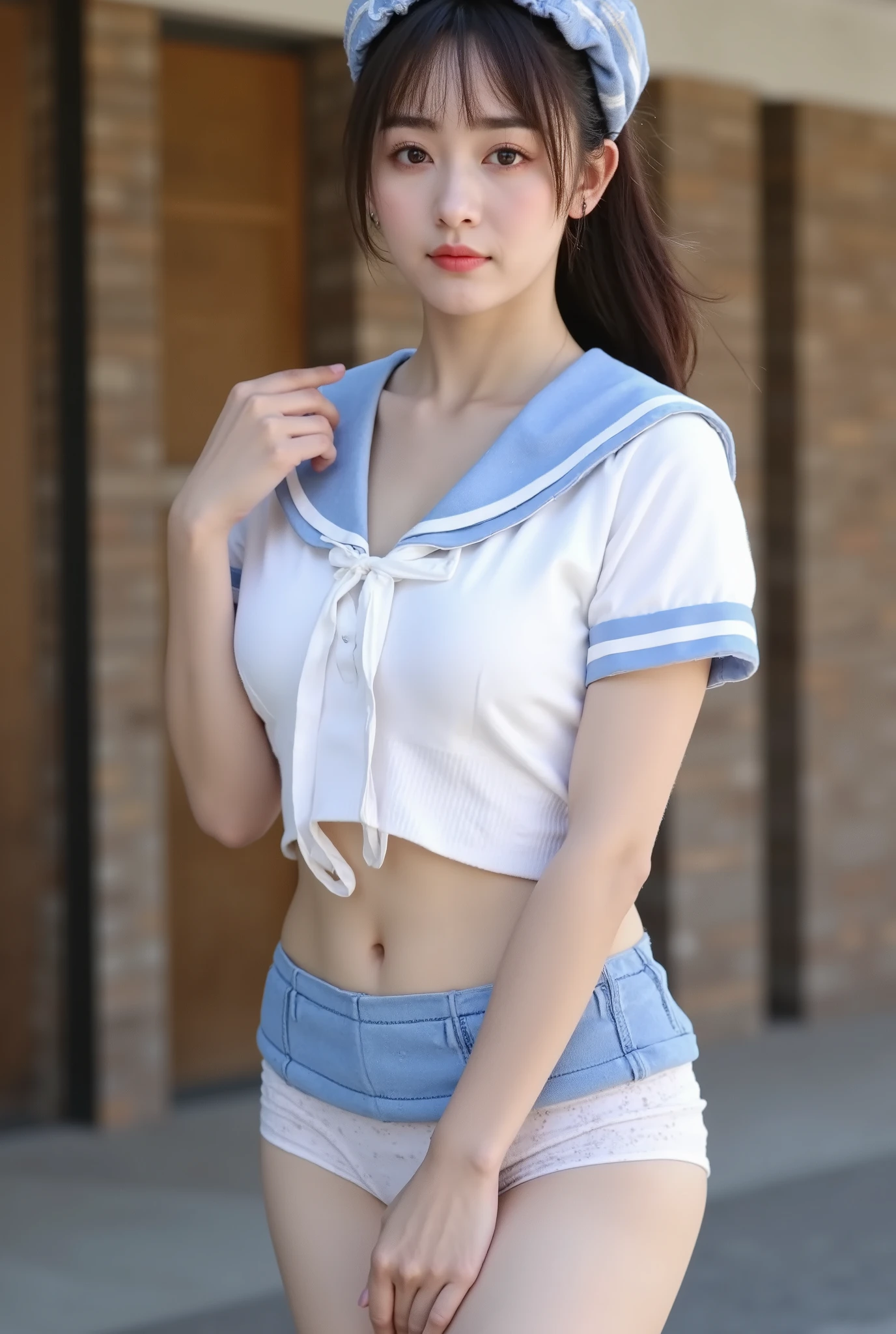 (Masterpiece, Top Quality, Best Quality, Official Art, Beauty & Aesthetics: 1.2), hdr, high contrast, wide angle lens, 1girl, bangs, looking at viewer, relaxed expression, pronounced brown eyes, long faded eyebrows, Soft makeup, gradient lips, big breasts, hourglass figure, long fingers, belly button, realistic illustration, (soothing tones: 1.3), (super detailed: 1.2), solo, (((sailor_shirt))), sailor skirt, hat, big breasts, standing, sunny day, classroom background,girlvn, standing, (((microskirt))), panty slip, from below, looking down