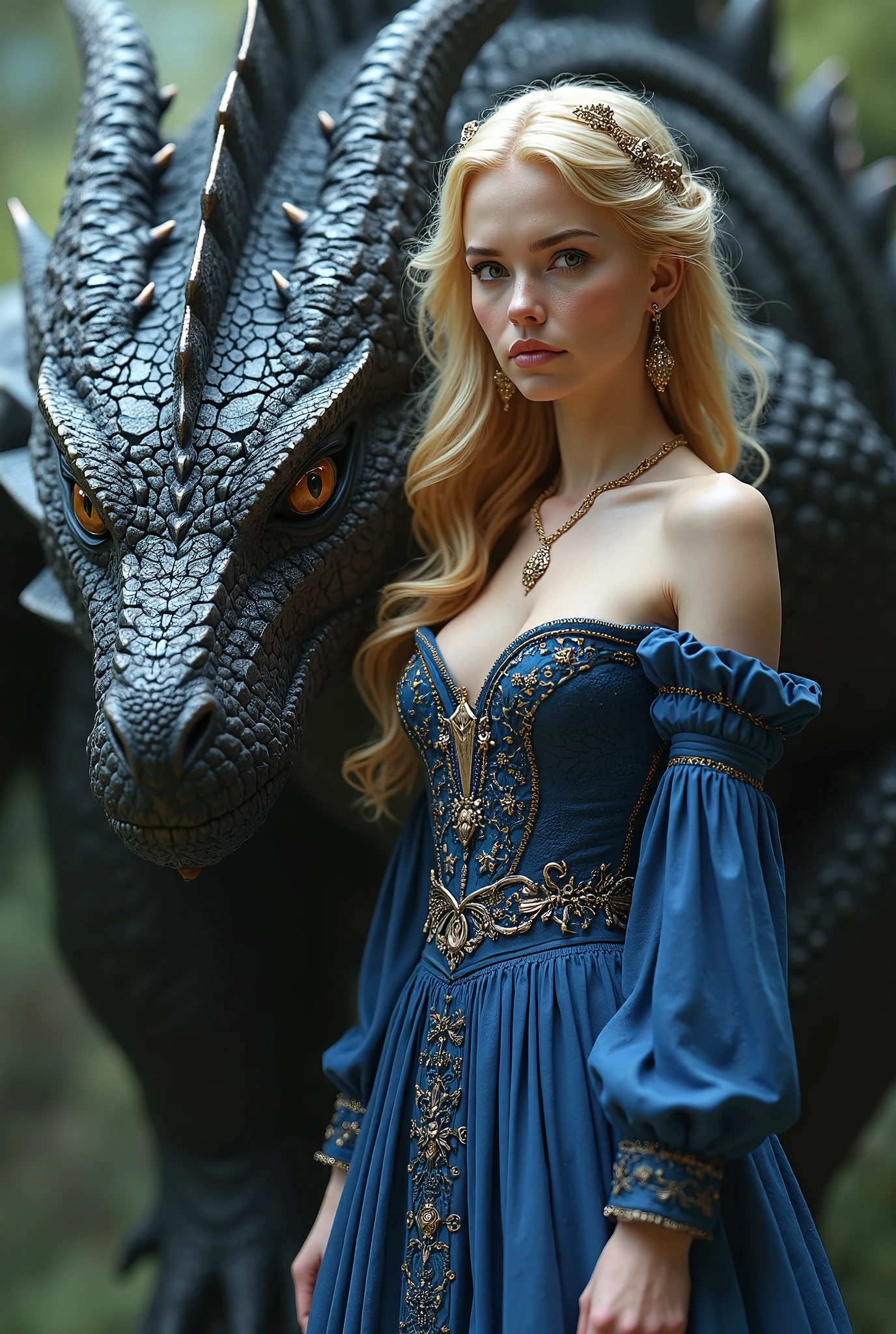 A beautiful ultra gorgeous European blonde woman, age 23. Cleavage.detailed facial features and expression, piercing blue eyes, lush lips, elegant jewelry, long flowing hair, ornate medieval dress, dramatic pose, deadly pet black and red dragon coiled at her feet, dark and ominous fantasy landscape, dramatic lighting, moody color palette, intricate details, cinematic composition, (best quality,4k,8k,highres,masterpiece:1.2),ultra-detailed,(realistic,photorealistic,photo-realistic:1.37),highly detailed portrait,dramatic fantasy,dark fantasy,gothic,dramatic lighting