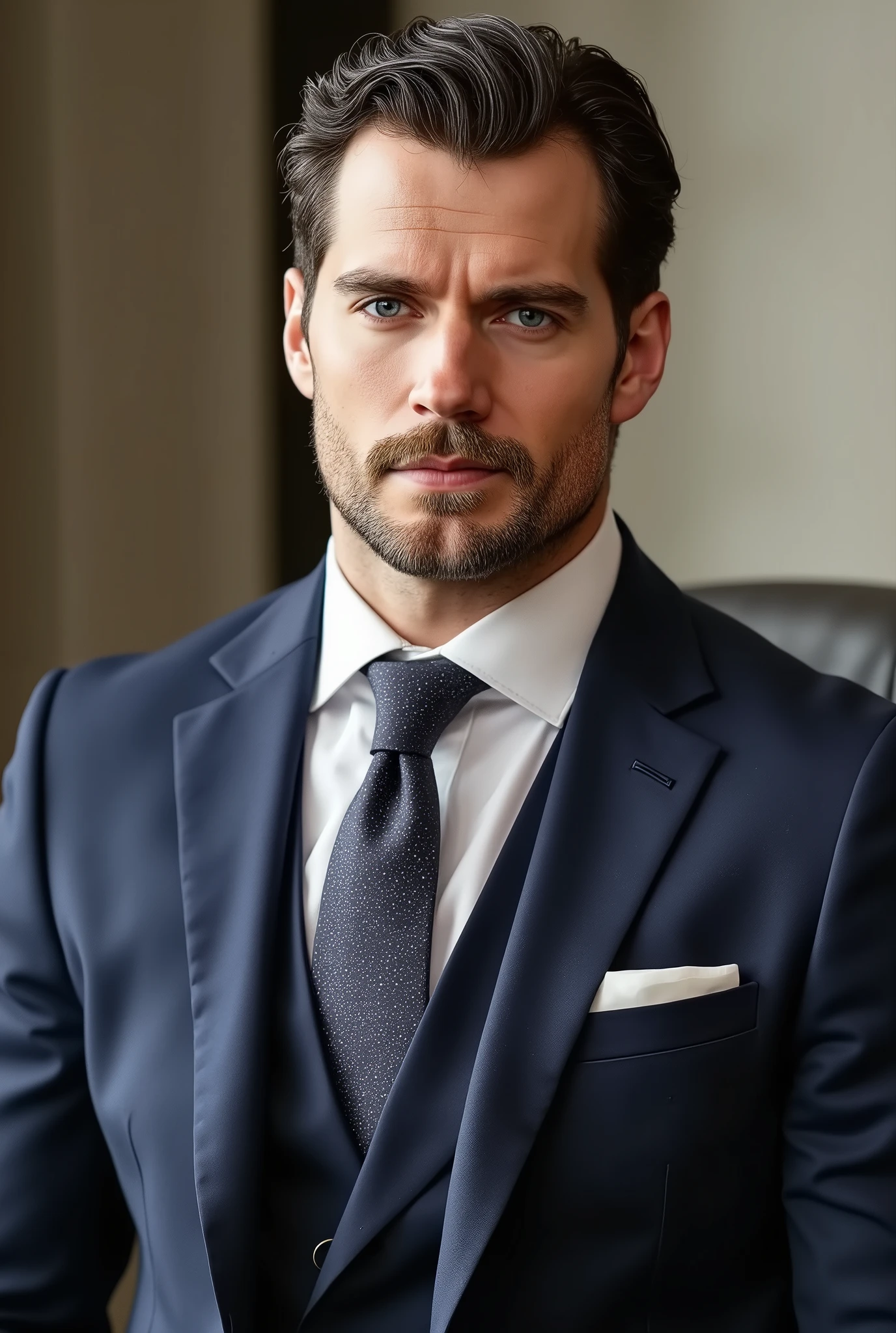 (( Masterpiece )), (( top quality:1.2)), High definition , 8 k, (ultra_ realistic:1.3), (photo realistic:1.4), clear focus , very detailed, incredibly attractive , muscular man , On it ((very expensive , designer suit with jacket, vest and tie , emphasizing , that he is a diplomat :1.5)), flawlessly sitting , emphasizing his figure . The man has a square face with a clear jaw line, accentuated by masculinity . almond brown eyes , expressive , with a slight predatory squint . short hair, classic haircut , brunette, age 37 years. Man tall , massive, wide, strong chest, (( emphasized abdominal muscles and perfectly pumped arms :1.5)), detailed skin texture , ((Shining, well-groomed white skin , beautifully shaved face :1.4)). ( The background is the embassy's office ).