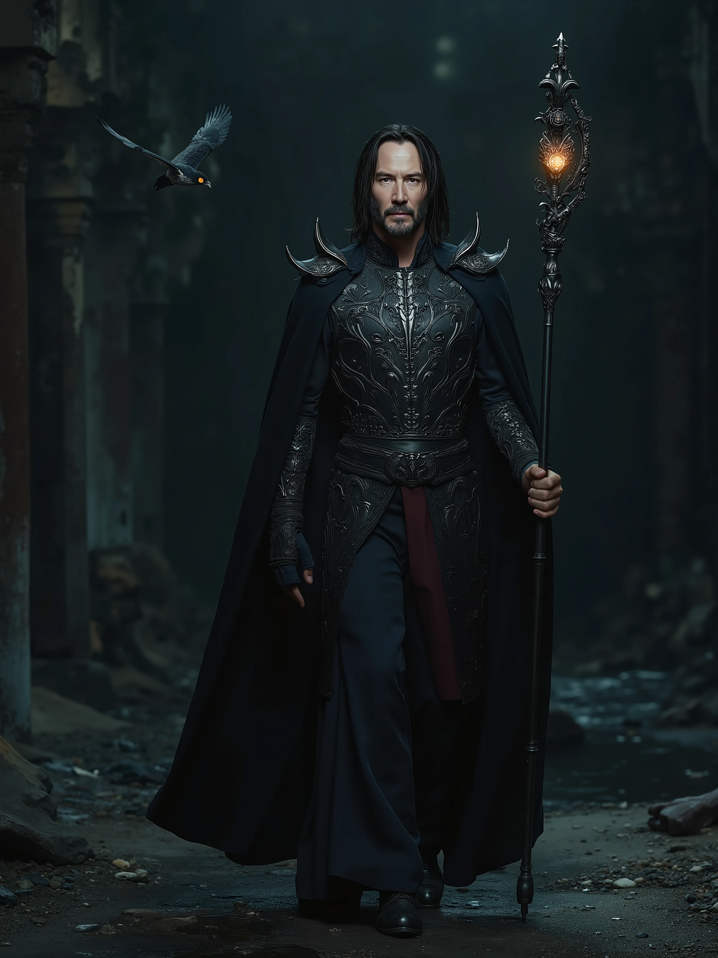 Keanu Reeves reimagined as a majestic Greek god Hades walking and holding towering staff、dramatic atmosphere, 1 male、
A tall, enigmatic figure with a lean yet powerful build, exuding an aura of quiet dominance and eternal mystery. Long, raven-black hair flows past sharp, angular features, framing a chiseled jawline and high cheekbones. His piercing, shadowed eyes burn with an otherworldly intensity, reflecting the depths of the underworld, while his expression remains calm, yet foreboding, like a storm waiting to break.
A regal, high-collared tunic of obsidian-black and deep crimson, woven from shadowy silk, clings to his form like flowing smoke. Over it, a sculpted breastplate of darkened silver and onyx, engraved with intricate skeletal filigree and ancient underworld sigils, enhances his spectral presence. Spiked pauldrons curve like raven wings, blending seamlessly into the darkness around him. A long, flowing cloak of midnight fabric, embroidered with faintly glowing infernal runes, cascades from his shoulders, fastened by a skull-shaped brooch of polished obsidian. In his grip, a towering staff of blackened steel, crowned with an eerie, fire-lit gemstone, pulses with the quiet, inevitable power of death itself. A black and white owl with glowing eyes flies next to him.
, shows his male character's full figure, athletic body, perfect face, full body, extremely beautiful, god, male shape, perfect anatomy, The background showcases A shadowy underworld landscape with jagged obsidian cliffs, swirling mists, and the dark waters of the River Styx flowing through ancient, crumbling stone pillars, photorealistic, masterpiece, realistic, high contrast, 8k, HD, high definition detailed, detailed, hyper detailed, realistic skin texture, best quality, ultra high resolution, hyper realistic, no text, very detailed eyes, dramatic lighting