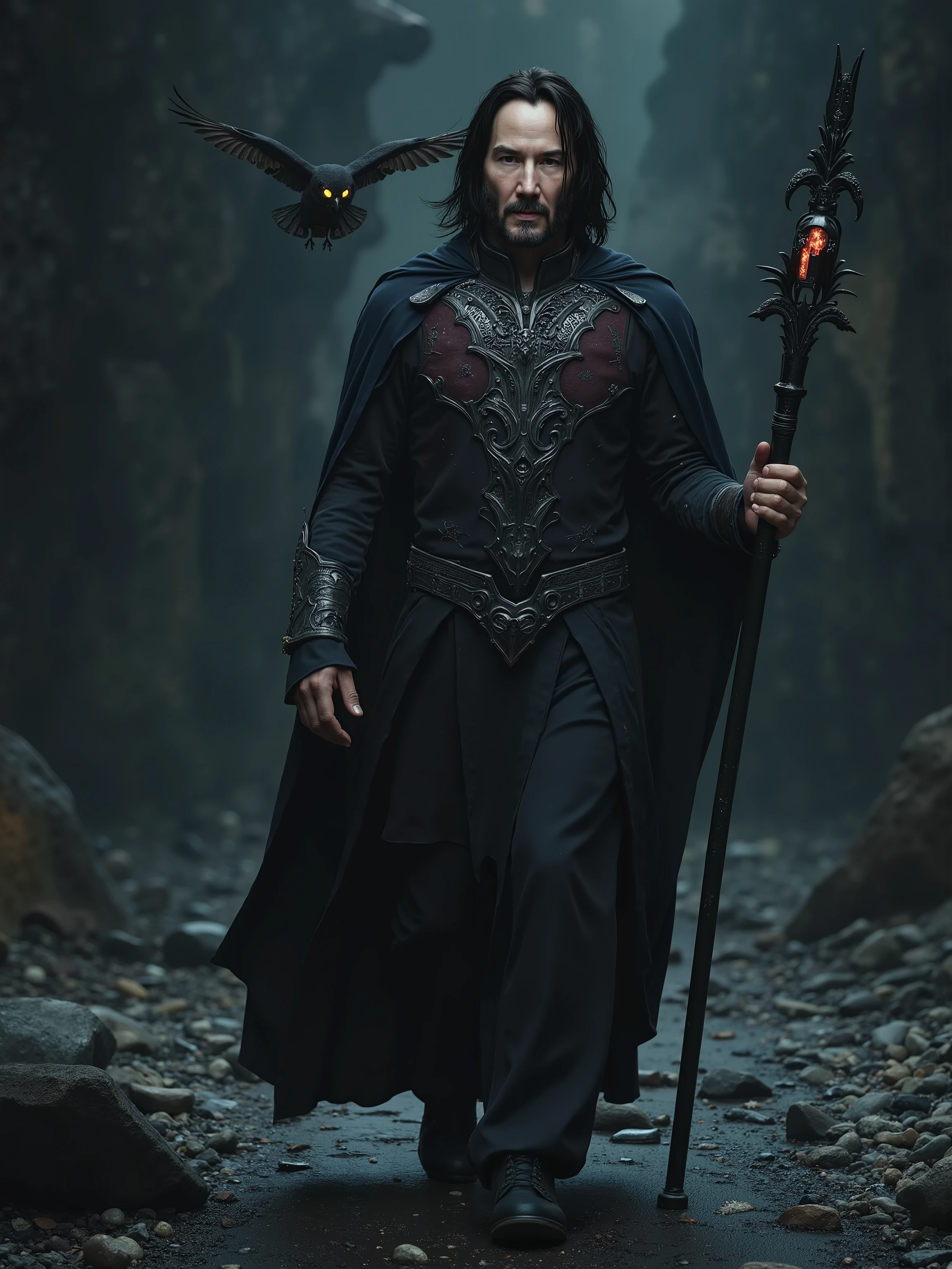 Keanu Reeves reimagined as a majestic Greek god Hades walking and holding towering staff、dramatic atmosphere, 1 male、
A tall, enigmatic figure with a lean yet powerful build, exuding an aura of quiet dominance and eternal mystery. Long, raven-black hair flows past sharp, angular features, framing a chiseled jawline and high cheekbones. His piercing, shadowed eyes burn with an otherworldly intensity, reflecting the depths of the underworld, while his expression remains calm, yet foreboding, like a storm waiting to break.
A regal, high-collared tunic of obsidian-black and deep crimson, woven from shadowy silk, clings to his form like flowing smoke. Over it, a sculpted breastplate of darkened silver and onyx, engraved with intricate skeletal filigree and ancient underworld sigils, enhances his spectral presence. Spiked pauldrons curve like raven wings, blending seamlessly into the darkness around him. A long, flowing cloak of midnight fabric, embroidered with faintly glowing infernal runes, cascades from his shoulders, fastened by a skull-shaped brooch of polished obsidian. In his grip, a towering staff of blackened steel, crowned with an eerie, fire-lit gemstone, pulses with the quiet, inevitable power of death itself. A black and white owl with glowing eyes flies next to him.
, shows his male character's full figure, athletic body, perfect face, full body, extremely beautiful, god, male shape, perfect anatomy, The background showcases A shadowy underworld landscape with jagged obsidian cliffs, swirling mists, and the dark waters of the River Styx flowing through ancient, crumbling stone pillars, photorealistic, masterpiece, realistic, high contrast, 8k, HD, high definition detailed, detailed, hyper detailed, realistic skin texture, best quality, ultra high resolution, hyper realistic, no text, very detailed eyes, dramatic lighting