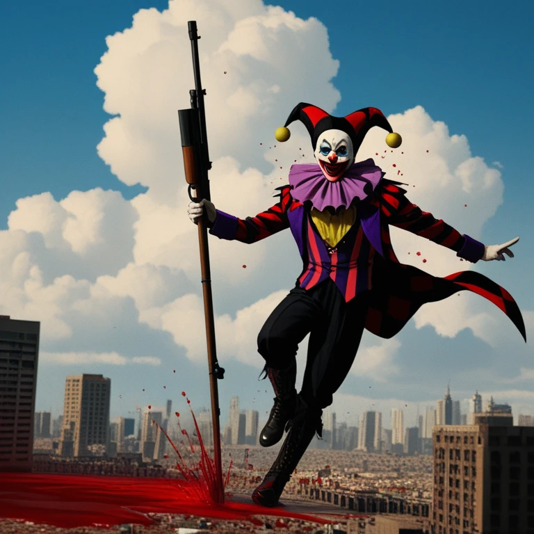 (((masterpiece,Highest quality))),(((A clown of unknown gender and face))),((Dancing wildly)),((No one else)),(A wilderness with an empty horizon,Split sky displayed in virtual texture),Focus on people,(high quality),アニメ,b3ks1n