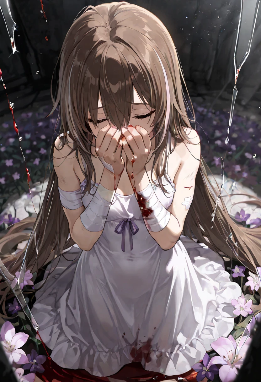 ((Best quality, masterpiece, blood on hands)), young woman with very long brown with white strands, long bangs that curl, brown eyes, hands over eyes, eyes closed, sad, glass shattering effect, black wall covered in blood, purple Lilly flowers, depth of field, baggy oversized linen dress, small breasts, toned arms,