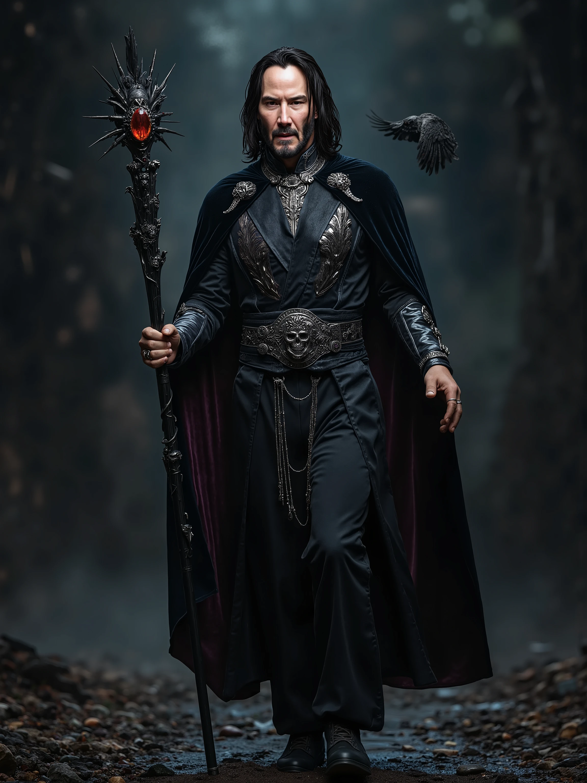 Keanu Reeves reimagined as a majestic Greek god Hades walking and holding towering staff、dramatic atmosphere, 1 male、
Long, raven-black hair flows past sharp, angular features, framing a chiseled jawline and high cheekbones. His piercing, shadowed eyes burn with an otherworldly intensity, reflecting the depths of the underworld, while his expression remains calm, yet foreboding, like a storm waiting to break.
He wears an elegant floor-length black robe made from the finest silk, with shimmering silver and deep purple embroidery depicting skeletal hands. Over the robe, a high-collared black velvet cloak lined with deep crimson flows behind him, clasped at the neck with an ornate silver skull-shaped brooch encrusted with black diamonds. A broad, intricately carved silver collar rests on his shoulders, adorned with onyx, obsidian, and amethyst gems. His arms are wrapped in luxurious black leather bracers embossed with ancient runes and silver serpents, while his hands are adorned with multiple silver rings shaped like skulls, snakes, and the Helm of Darkness. A wide silver belt, encrusted with black sapphires, secures his robe, with delicate silver chains cascading from it. In his grip, a towering staff of blackened steel, crowned with an eerie, fire-lit gemstone, pulses with the quiet, inevitable power of death itself. A black and white owl with glowing eyes flies next to him.
, shows his male character's full figure, athletic body, perfect face, full body, extremely beautiful, god, male shape, perfect anatomy, The background showcases A shadowy underworld landscape with jagged obsidian cliffs, swirling mists, and the dark waters of the River Styx flowing through ancient, crumbling stone pillars, photorealistic, masterpiece, realistic, high contrast, 8k, HD, high definition detailed, detailed, hyper detailed, realistic skin texture, best quality, ultra high resolution, hyper realistic, no text, very detailed eyes, dramatic lighting