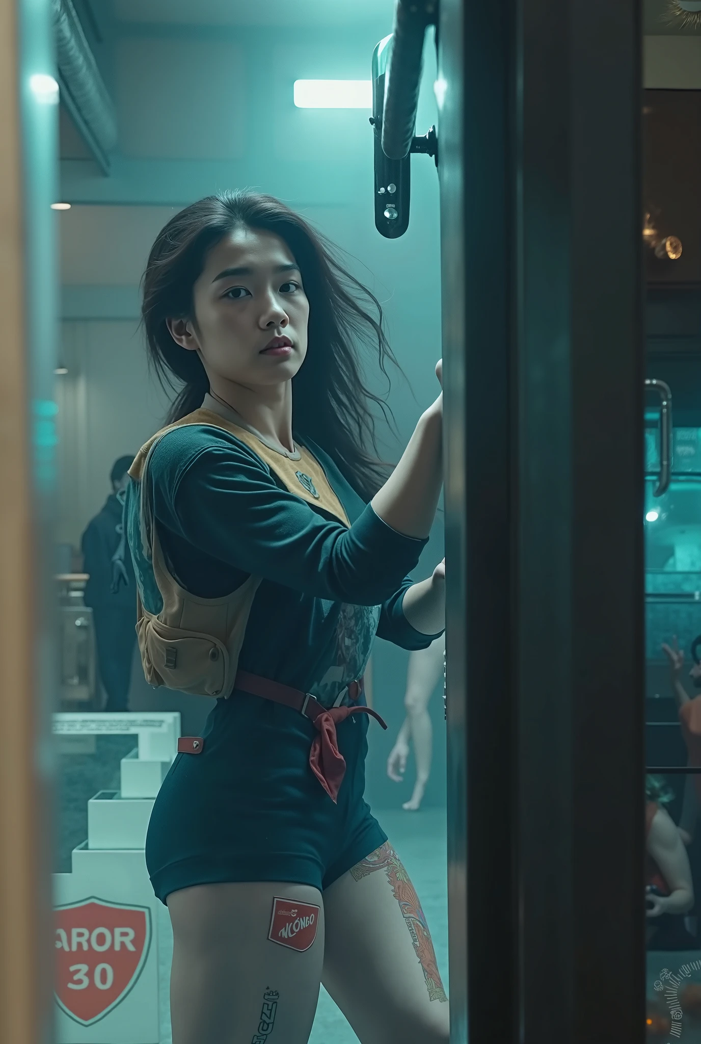 Goku's Hairstyle Girl, feente a cartel de neon rojo, ciudad de tokio en la calle centrica con muchow carteles