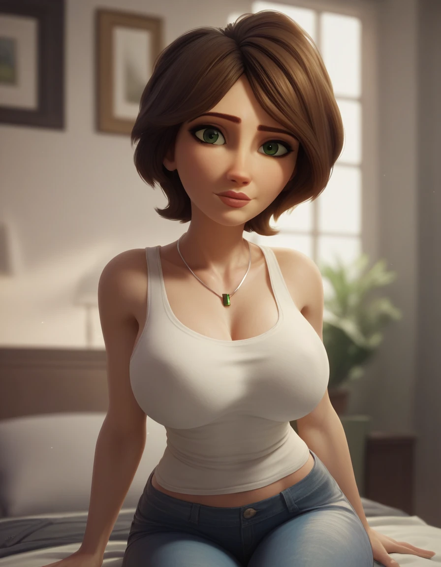(masterpiece:1.2), (best quality), (ultra detailed), (8k, 4k, intricate),(full-body-shot:1), (highly detailed:1.2),(detailed face:1.2), (detailed background),detailed landscape, ((portrait)), (dynamic pose:1.2) <lora:more_details:0.5> <lora:cass:0.7>auntcass, 1girl, solo, breasts, looking at viewer, short hair, brown hair, shirt, navel, jewelry, medium breasts, shorts, midriff, necklace, lips, denim, green shirt