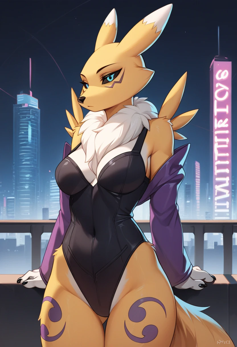by zackary911, zackary911, (((renamon, anthro, extremely detailed, extremely detailed legs, extremely detailed arms, extremely detailed face, perfectly detailed eyes, ultra-detailed paws, perfectly detailed anatomy)): solo, female, big butt, big breast, yellow fur, black sclera, blue eyes, posing, smiling, blinking one eyes, head leaning at one side, house background, blue coach on the background, detailed background, paws, wet tongue, extremely detailed tongue, hot, wet, blushed, purple braceras with ying yang simbol on it, grey two commas in a circle shape on each side of thighs, (((slim))), ((toned abs)), short sized, (((proportional sized)))