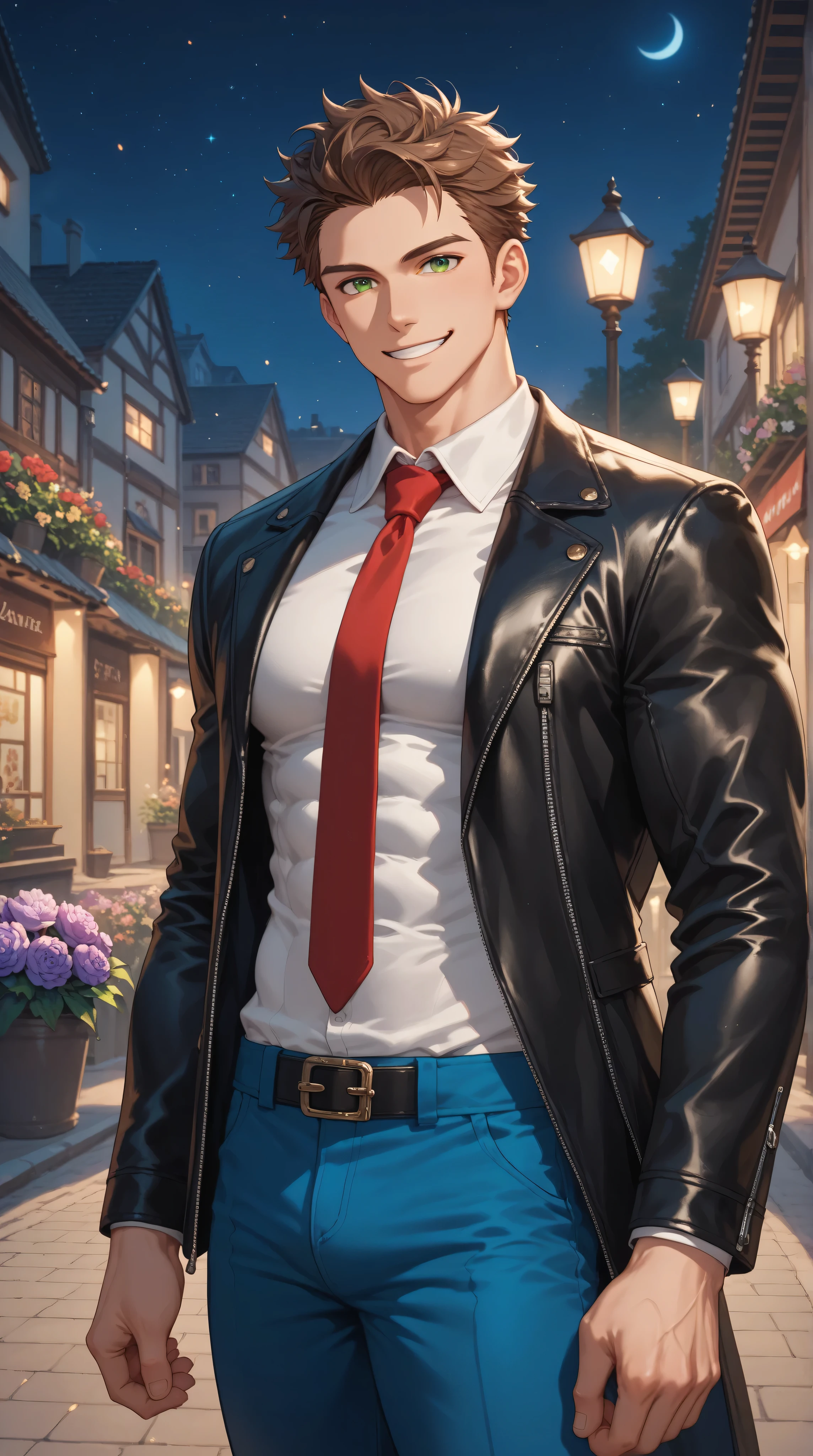 Best quality, masterpiece, muscular male vampire, extremely pale skin, red eyes, tight leather jacket and denim jeans, visible penis outline, walking down dark alleyway, at night, cobblestones, gay, homoerotic, best view, perfect fingers, no watermark, no logo, no signature