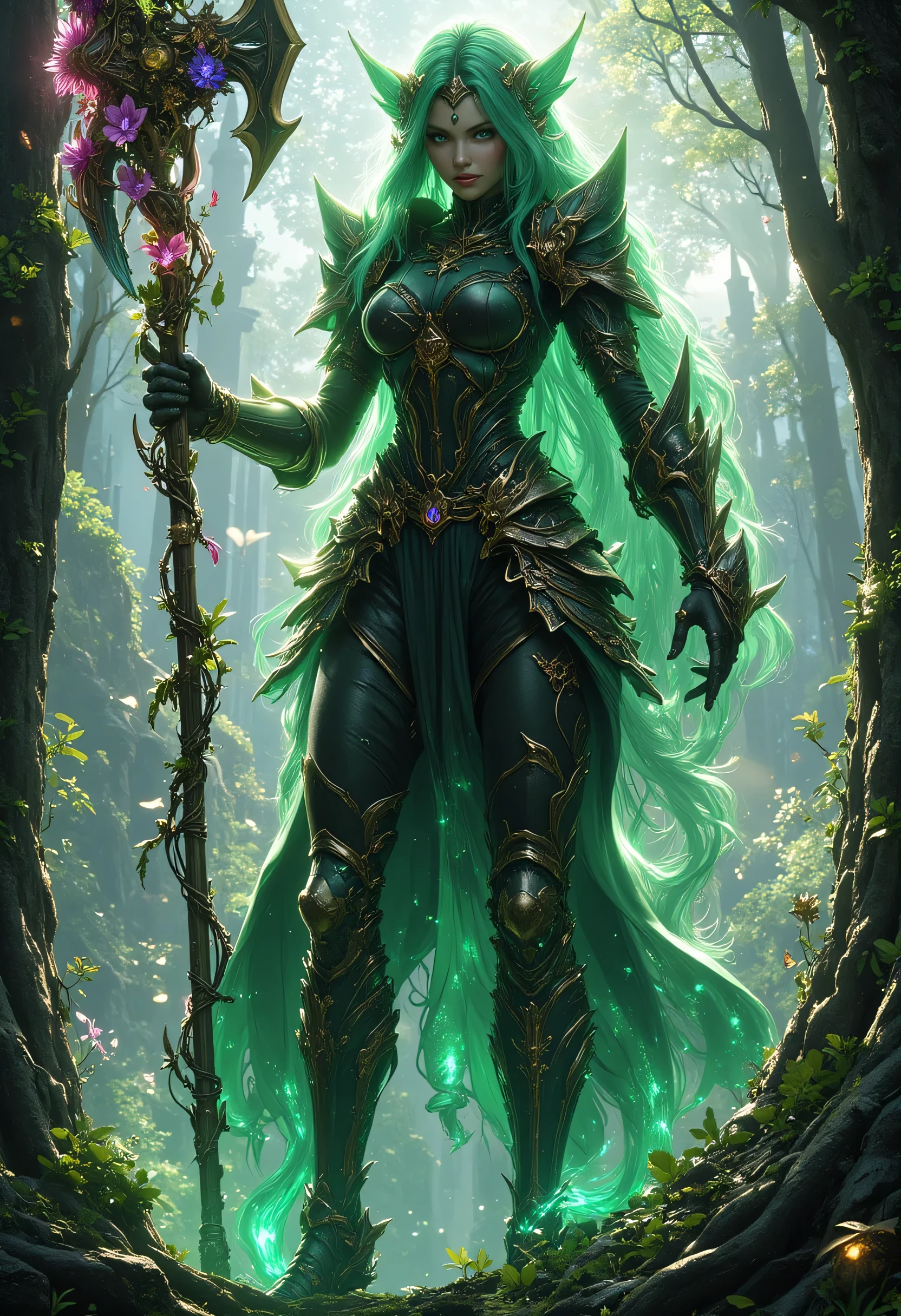 a fantasy art illustration of a  female giant knight armed with a mighty axe standing in a fantasy forest, she is taller than the trees, a wild beautiful, exotic beautiful giant knight, ((anatomically correct: 1.5), (ultra detailed face: 1.2), best detailed face, green hair color, dynamic hair style, armed with a giant axe, shiny axe, its blade reflects the sunlight, studded with gems, wearing onyx glass armor, wearing black leather jacket, colorful flowers entwined in her axe, dynamic armor color, wearing high heeled boots, standing near a fantasy temple, magnificent temple, in a dark forest, plenty of trees,  with a tower, clouds in the sky some sun rays, vibrant, Hyperrealism style, vibrant, Ultra-high resolution, High Contrast, (masterpiece:1.5), highest quality, Best aesthetics), best details, best quality, highres, ultra wide angle, 16k, [ultra detailed], masterpiece, best quality, (extremely detailed) RAW, invert color, Celestial Fantasy, hkmagic