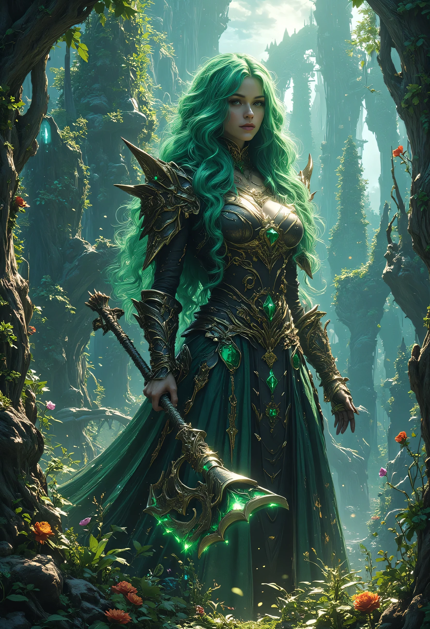a fantasy art illustration of a  female giant knight armed with a mighty axe standing in a fantasy forest, she is taller than the trees, a wild beautiful, exotic beautiful giant knight, ((anatomically correct: 1.5), (ultra detailed face: 1.2), best detailed face, green hair color, dynamic hair style, armed with a giant axe, shiny axe, its blade reflects the sunlight, studded with gems, wearing onyx glass armor, wearing black leather jacket, colorful flowers entwined in her axe, dynamic armor color, wearing high heeled boots, standing near a fantasy temple, magnificent temple, in a dark forest, plenty of trees,  with a tower, clouds in the sky some sun rays, vibrant, Hyperrealism style, vibrant, Ultra-high resolution, High Contrast, (masterpiece:1.5), highest quality, Best aesthetics), best details, best quality, highres, ultra wide angle, 16k, [ultra detailed], masterpiece, best quality, (extremely detailed) RAW, invert color, Celestial Fantasy, hkmagic