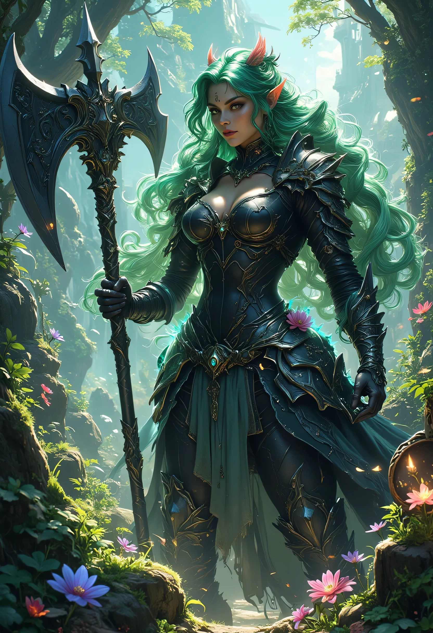 a fantasy art illustration of a  female giant knight armed with a mighty axe standing in a fantasy forest, she is taller than the trees, a wild beautiful, exotic beautiful giant knight, ((anatomically correct: 1.5), (ultra detailed face: 1.2), best detailed face, green hair color, dynamic hair style, armed with a giant axe, shiny axe, its blade reflects the sunlight, studded with gems, wearing black glass armor, wearing black leather jacket, colorful flowers entwined in her axe, dynamic armor color, wearing high heeled boots, standing near a fantasy temple, magnificent temple, in a dark forest, plenty of trees,  with a tower, clouds in the sky some sun rays, vibrant, Hyperrealism style, vibrant, Ultra-high resolution, High Contrast, (masterpiece:1.5), highest quality, Best aesthetics), best details, best quality, highres, ultra wide angle, 16k, [ultra detailed], masterpiece, best quality, (extremely detailed) RAW, invert color, Celestial Fantasy, hkmagic