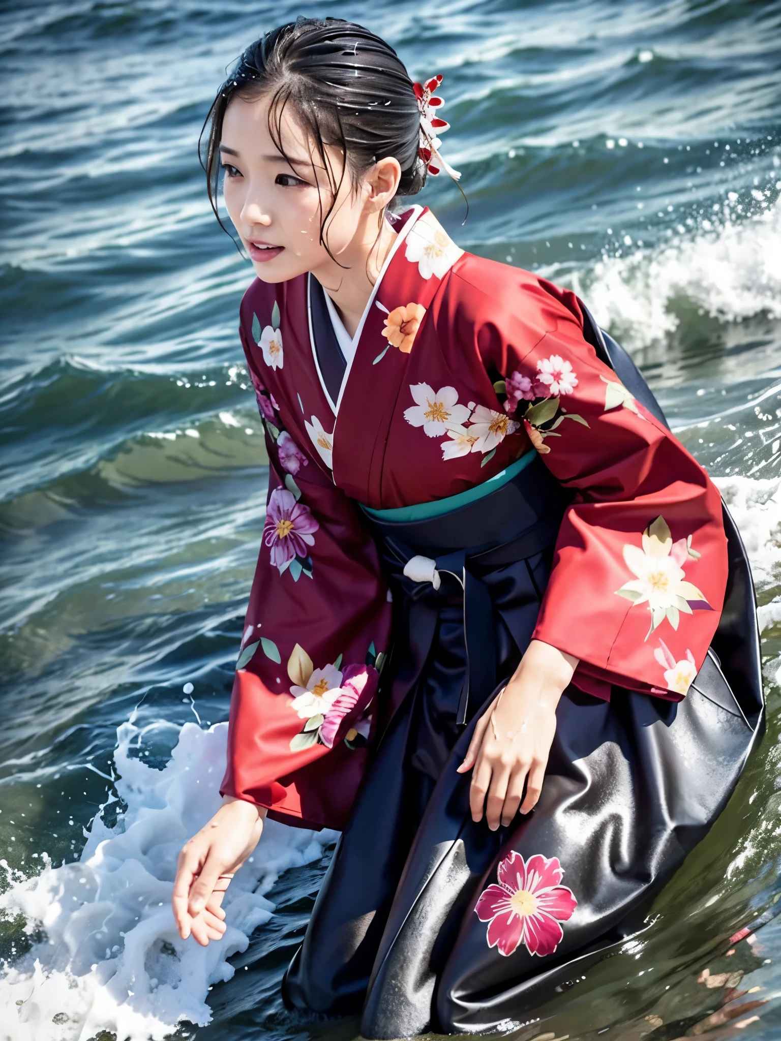 Realistic, long-sleeved kimono, hakama, long hakama, floral patterned kimono, wet clothes, soaking wet clothes, wet and shiny clothes, clothes with a wet texture, clothes that stick to the body, wet clothes, clothes wet from rain, soaking wet, submerged in water, sinking in the sea, lying down, being hit by waves, being swept away by waves