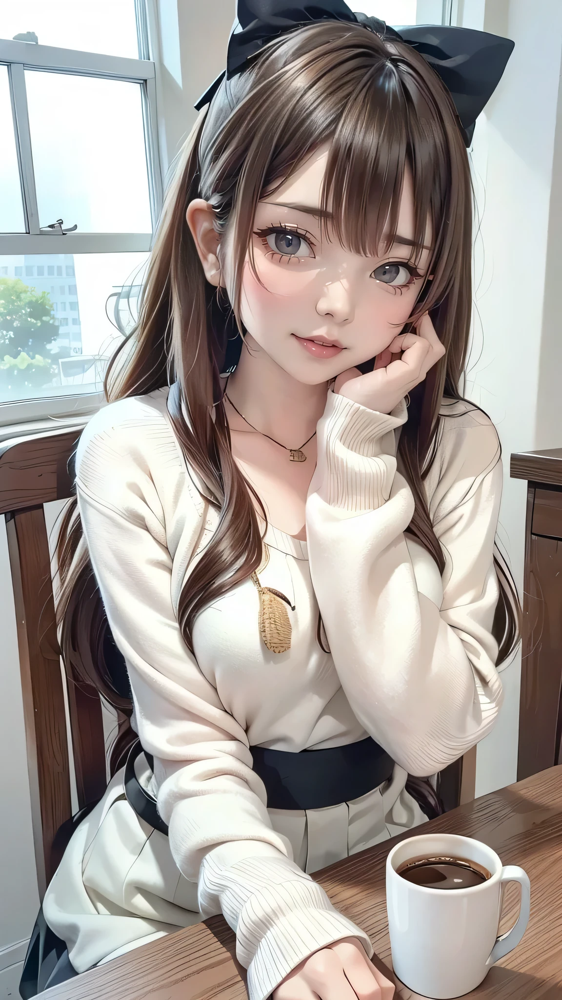 masutepiece, Best Quality, 1girl in, Solo, Long hair, put on glasses,window, Sitting, Indoors, The table, sleeves past wrists, cafes, coffee cup,Hair Bow, head rest, Closed mouth, Blue sweater, Upper body
