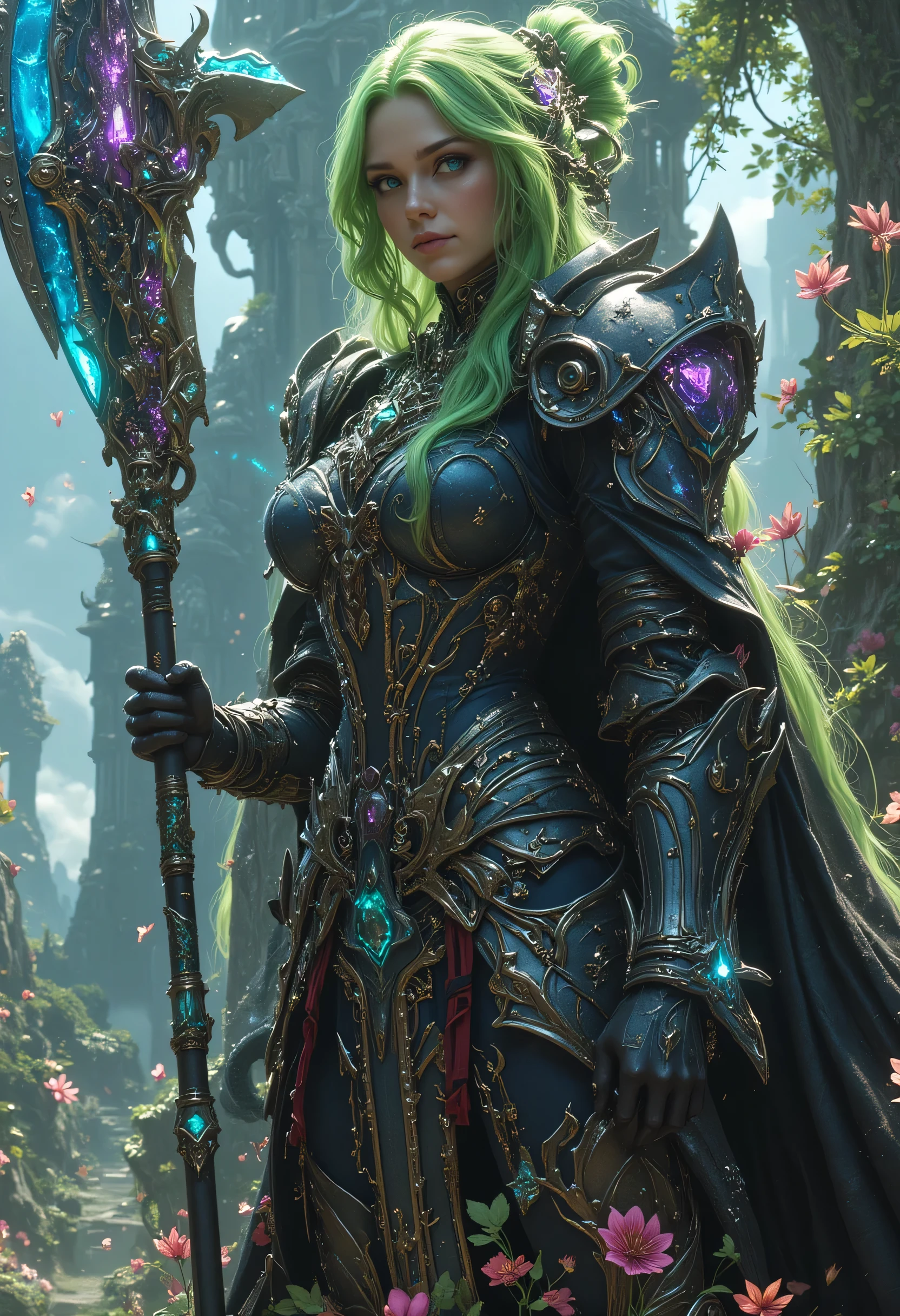 a fantasy art illustration of a  female giant knight armed with a mighty axe standing in a fantasy forest, she is taller than the trees, a wild beautiful, exotic beautiful giant knight, ((anatomically correct: 1.5), (ultra detailed face: 1.2), best detailed face, green hair color, dynamic hair style, armed with a giant axe, shiny axe, its blade reflects the sunlight, studded with gems, wearing black glass armor, wearing black leather jacket, colorful flowers entwined in her axe, dynamic armor color, wearing high heeled boots, standing near a fantasy temple, magnificent temple, in a dark forest, plenty of trees,  with a tower, clouds in the sky some sun rays, vibrant, Hyperrealism style, vibrant, Ultra-high resolution, High Contrast, (masterpiece:1.5), highest quality, Best aesthetics), best details, best quality, highres, ultra wide angle, 16k, [ultra detailed], masterpiece, best quality, (extremely detailed) RAW, invert color, Celestial Fantasy, hkmagic