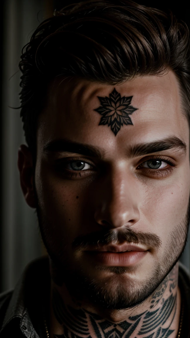 tattoo, (snowstorm, dissolve:1.3), stylish, many details, symmetric, dark fantasy, dark botanical, intricate, imaginative, highly detailed 1man