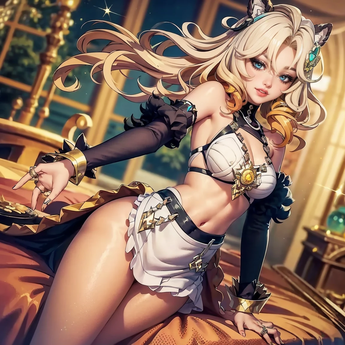 ((AHRI league of legends)), full body, walking, camera focus, masterpiece, best quality, high quality, high definition, high quality texture, high quality shadow, high detail, beautiful detailed, finely detailed, extremely detailed cg, detailed texture, a realistic representation of the face, realistic, colorful, delicate, cinematic light, side lighting, Lens Flare, ray tracing, sharp focus, (1girl,  __focus__:1.3), (intricate details, makeup), (detailed beautiful delicate face, detailed beautiful delicate eyes, a face of perfect proportion, detailed high skin, detailed skin, best ratio four fingers and a thumb, arms under the chest, wide hips, smooth midriff, slim and thin, (white lingerie clothing with gold details, golden ribbons over the body, without the underwear,  legs crossed, hands in front of body, blonde hair falling in curls up to the waist: 1.3), hotel room location (repair hand details), anatomical hands, sexy and confused look, ((SKY BLUE EYES)), clothing, more transparent