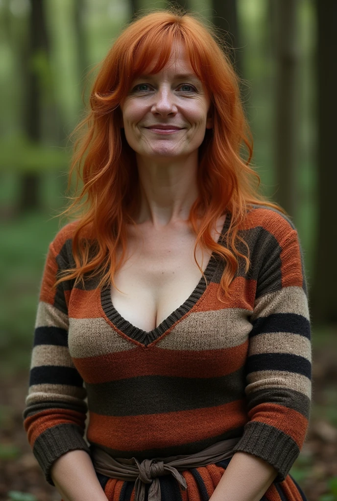Masterpiece picture, masterpiece portrayal, full body picture, beautiful maiden 40yo in dutch apparel, slim body, skinny, huge breasts, wide cleavage breasts and skinny body, long Red-hair, Laugh expression face while walking along a forest path in broad daylight. In beautiful woods, deep in the forest, detailed forest surroundings. Wearing extremely detailed dutch apparel. (shallow depth of field)), cinematic