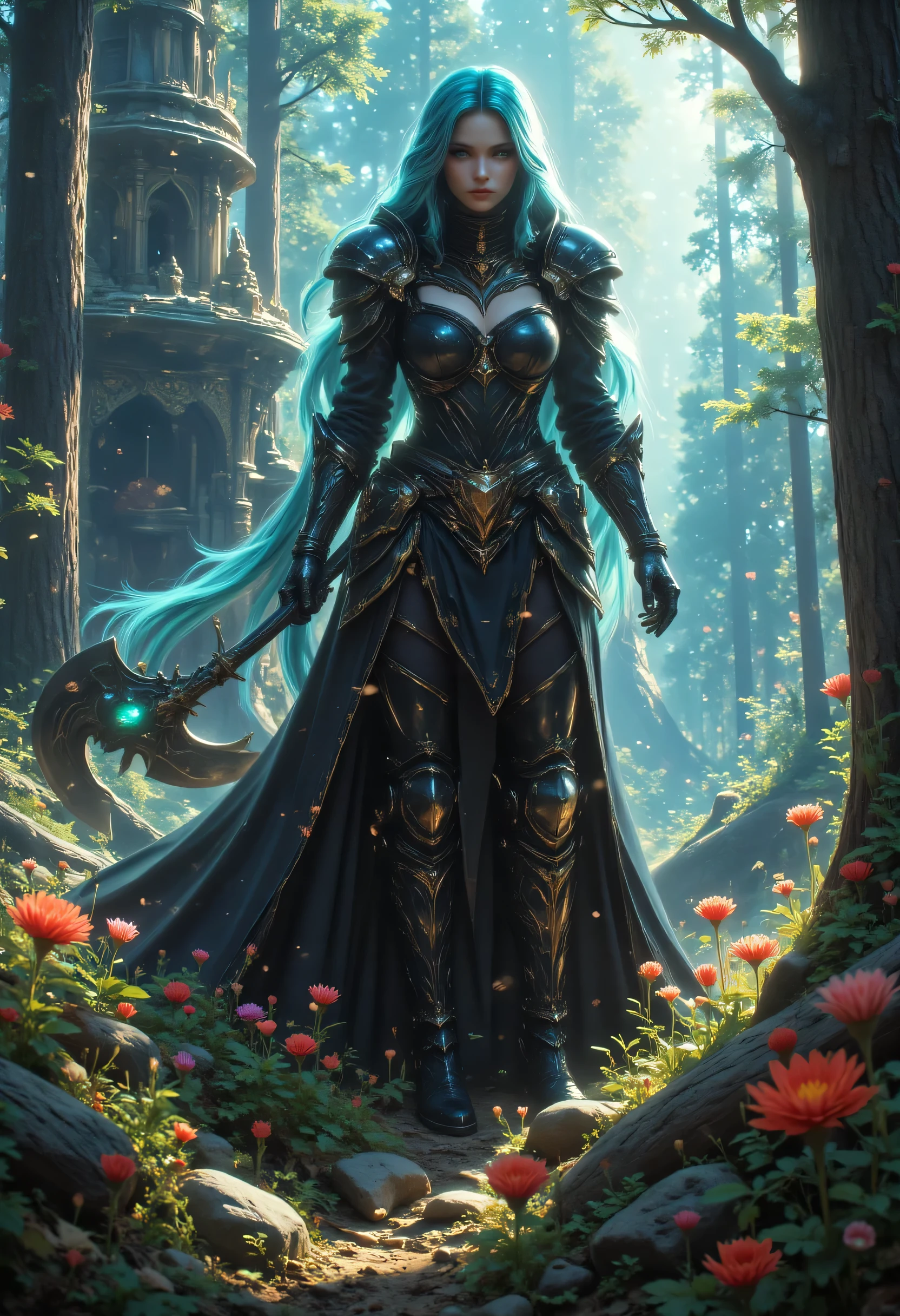a fantasy art illustration of a  female giant knight armed with a mighty axe standing in a fantasy forest, she is taller than the trees, a wild beautiful, exotic beautiful giant knight, ((anatomically correct: 1.5), (ultra detailed face: 1.2), best detailed face, azure hair color, dynamic hair style, armed with a giant axe, shiny axe, its blade reflects the sunlight, studded with gems, wearing black glass armor, wearing black leather jacket, colorful flowers entwined in her axe, dynamic armor color, wearing high heeled boots, standing near a fantasy temple, magnificent temple, in a dark forest, plenty of trees,  with a tower, clouds in the sky some sun rays, vibrant, Hyperrealism style, vibrant, Ultra-high resolution, High Contrast, (masterpiece:1.5), highest quality, Best aesthetics), best details, best quality, highres, ultra wide angle, 16k, [ultra detailed], masterpiece, best quality, (extremely detailed) RAW, invert color, Celestial Fantasy, hkmagic