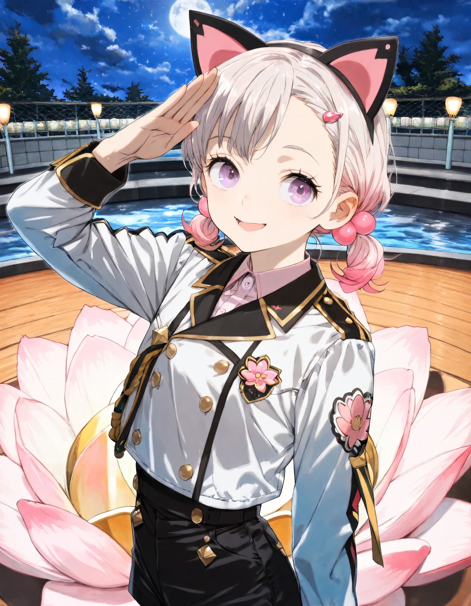 ((toi8 style)), ((Masterpiece)), ((best quality)), (8K), (detailed background:1.2), (super detail:1.2),(High Definition:1.3), (Professional Photography:1.2), (very aesthetic:1.2), (absurdres:1.2), (sharp focus), ((1girl)), young Girl, (Textured skin), Big eyes, (pale purple eyes, gradient eyes looking at side), platinum-gold hair, (Asymmetrical bangs), gradient hair, (pink color Hair Tip), (short pigtails, low pigtails), (small breast, Healthy body), ((naughty smile)), open mouth, (cute cheeks), glossy lips, pouty lips, (lower eyelashes), (tilt head), (put on cat ears), Beautiful collarbones, BREAK, ((majorette jacket, embroidery jacket, collared shirt)), black short pants, salute, (standing on the beautiful cove), outdoors, Beautiful lotus blossom fields, at midnight, moonlight,