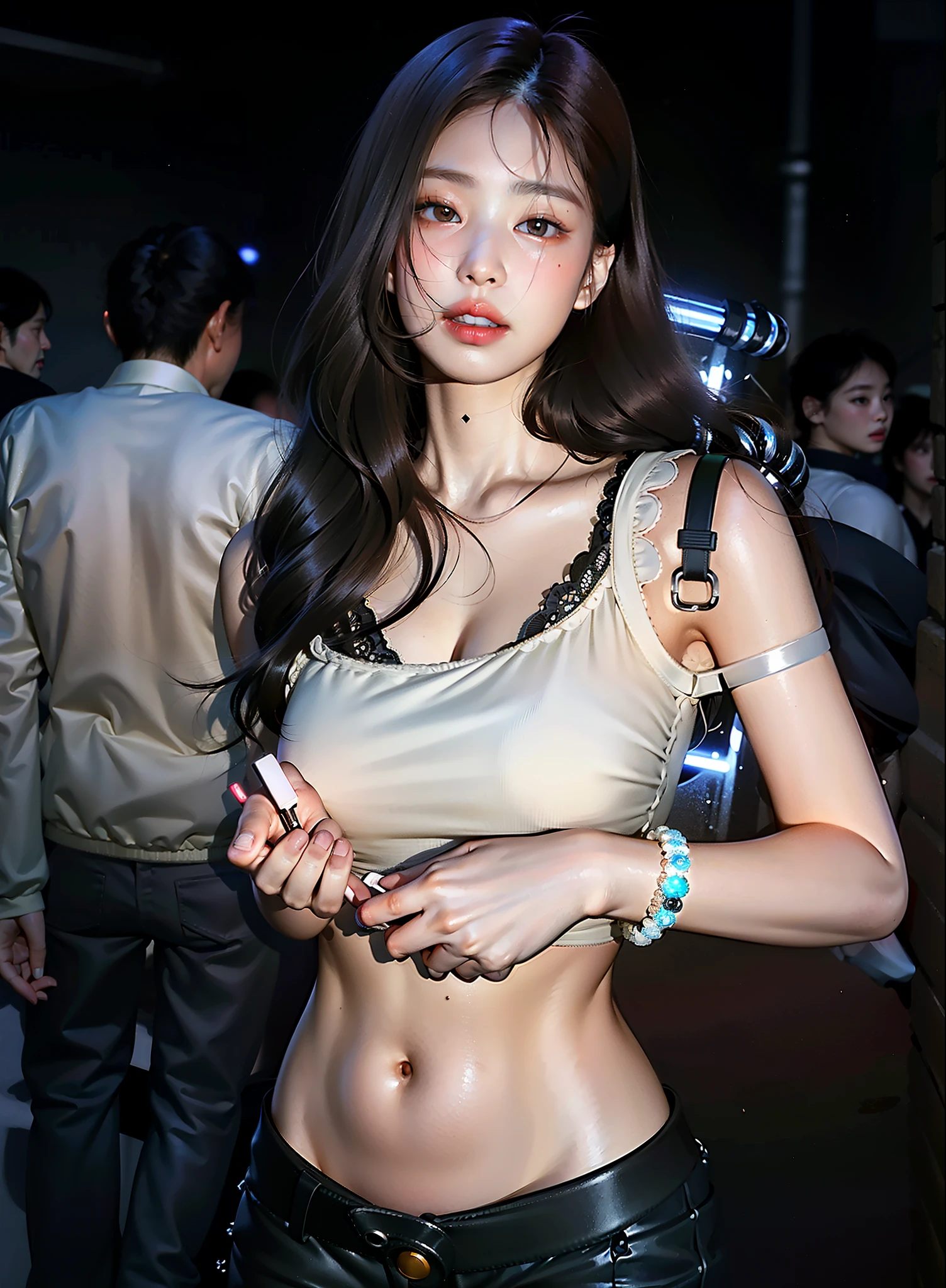 idol, idol clothes, skirt, (topless), slightly smiling, woman, goergous face, perfect face, detailed face and eyes, perfect body, (brunette), on stage, reflector lights, detailed background, ultra high quality 8k, masterpiece