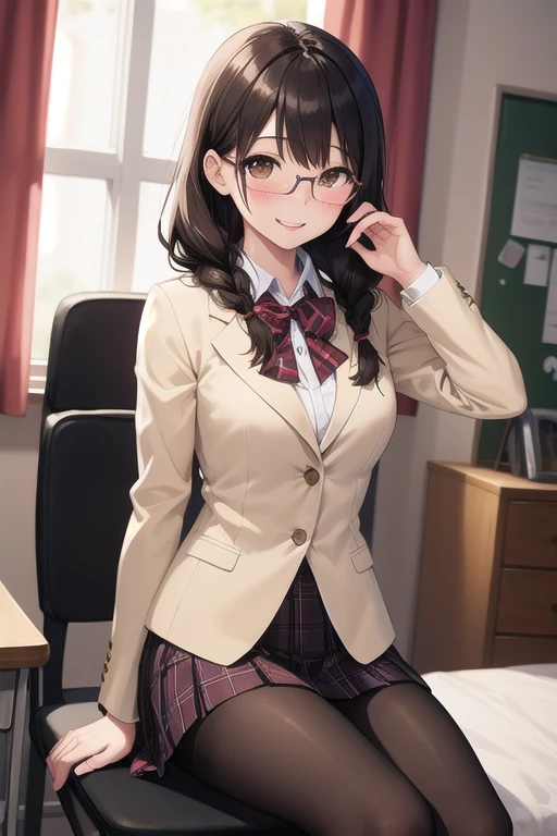 ((Tabletop, Highest quality, High resolution, , Pixel Perfect, 4K,))), 1 female teacher, single, alone, beauty、The whole body is visible、 ((Mid-wave hair, bangs, Brown Hair)), ((Brown eyes, Beautiful eyelashes, Realistic eyes)), ((Detailed face, Blushing:1.2)), ((Smooth texture:0.75, Realistic texture:0.65, Realistic:1.1, Anime CG Style)), Center of chest, Dynamic Angle, Perfect body, (( , , Wearing a white coat、Female doctor、、, 、))、、Very embarrassing panic smile, 、black flared skirt、classroom、Sit on a chair、Roll up your skirt to show your panties、、(Showing off her white and pink floral lace panties、)、Angle from below)、