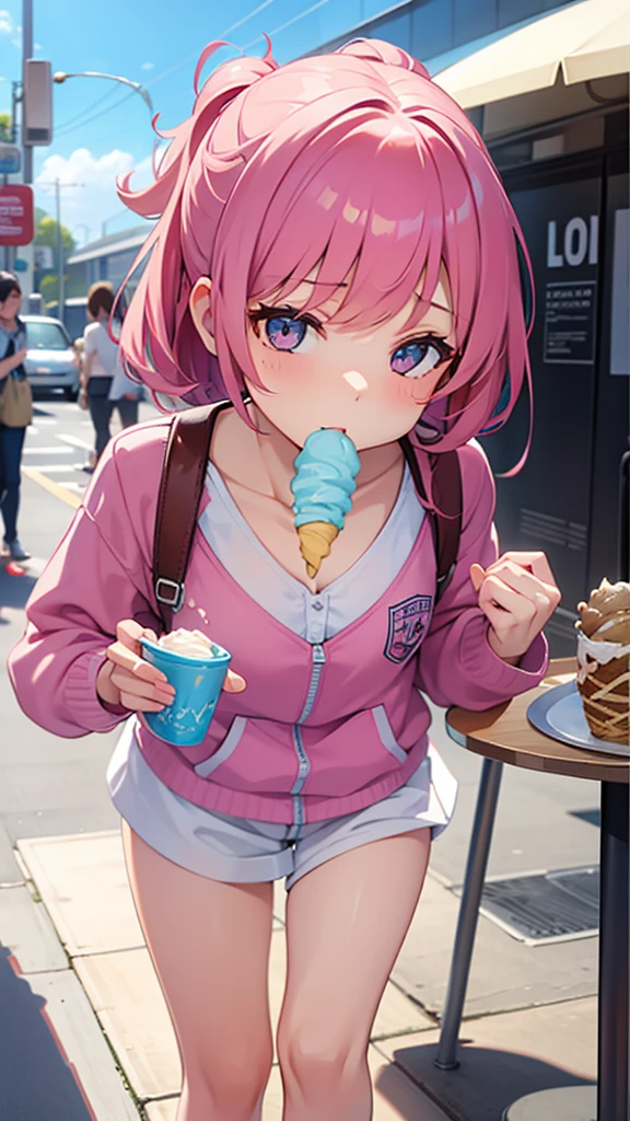 Masterpiece ,best quality , high resolution , ultra detail , colorful , soft light , mild light , sunlight , shinny , (perfect fingers , Detailed fingers, perfect hands) , (1 girl solo:1.38) , (sunglasses, eyeweard on head, purple hair, purple eyes ,neck-ribbon , hairband) , (bare shoulder , sweater , jeans , bow , chocker , belt) , armband, thigh strap, ) , (holding ice cream:1.3 , holding ice cream cone:1.3) , (sitting , sitting on bench:1.3) , (cleavage:1.3) , (medium breast:1.3) (outdoor , in park , bench , rest , strong wind) , ( full face blush , shy , open mouth:1.24 ) , (middle length shot:1.2 , knee_up-shot , close view , near shot) , (face viewer , look at the viewer)