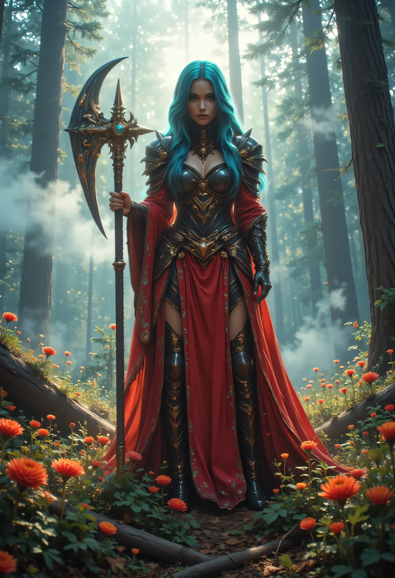 a fantasy art illustration of a  female giant knight armed with a mighty axe standing in a fantasy forest, she is taller than the trees, a wild beautiful, exotic beautiful giant knight, ((anatomically correct: 1.5), (ultra detailed face: 1.2), best detailed face, azure hair color, dynamic hair style, armed with a giant axe, shiny axe, its blade reflects the sunlight, studded with gems, wearing red glass armor, wearing black leather jacket, colorful flowers entwined in her axe, dynamic armor color, wearing high heeled boots, standing near a fantasy temple, magnificent temple, in a dark forest, plenty of trees,  with a tower, clouds in the sky some sun rays, vibrant, Hyperrealism style, vibrant, Ultra-high resolution, High Contrast, (masterpiece:1.5), highest quality, Best aesthetics), best details, best quality, highres, ultra wide angle, 16k, [ultra detailed], masterpiece, best quality, (extremely detailed) RAW, invert color, Celestial Fantasy, hkmagic
