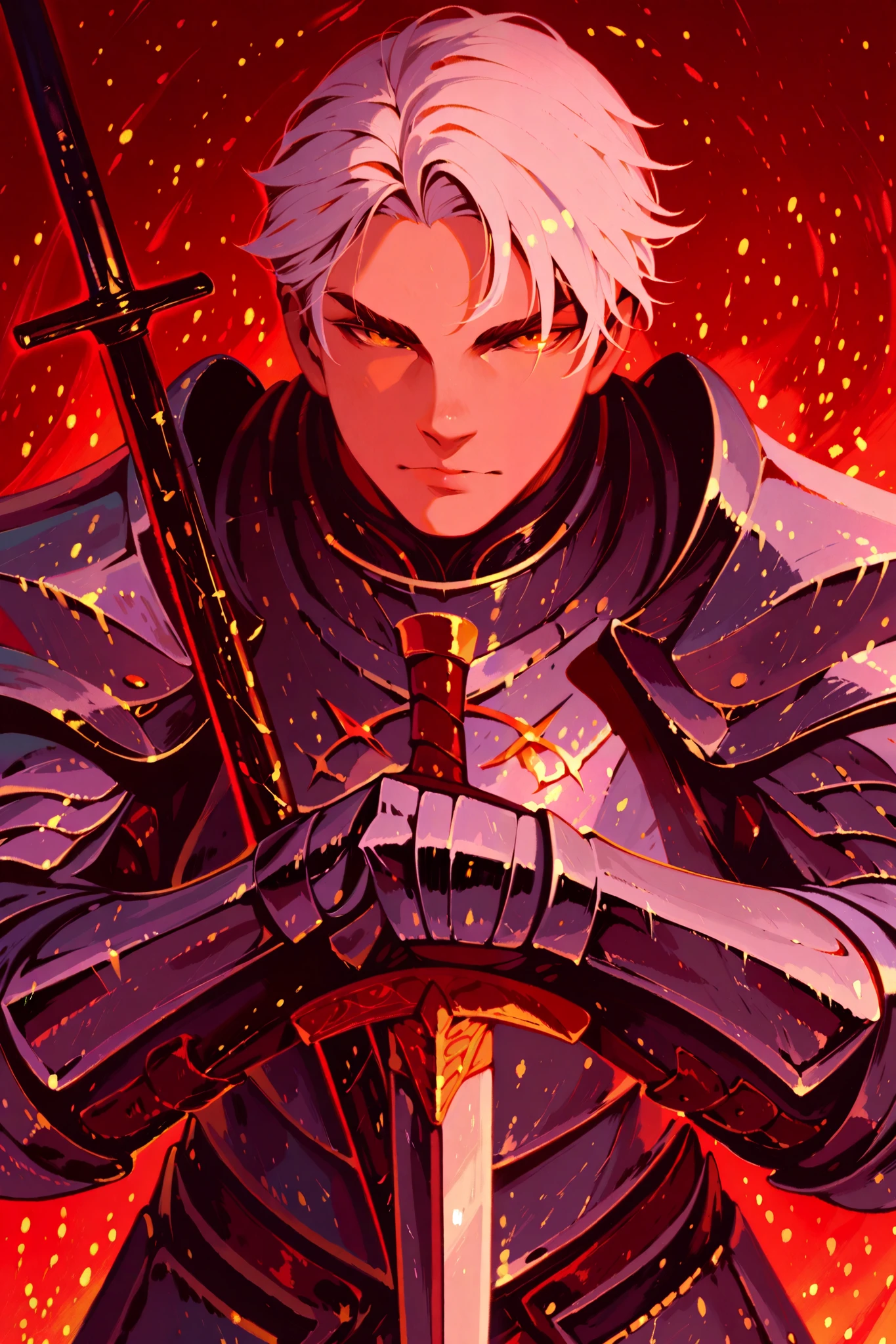 detailed, anime, boy, white hair, yellow eyes, knight armor, sword in hand, staying, spear in hand, proud expression, commander