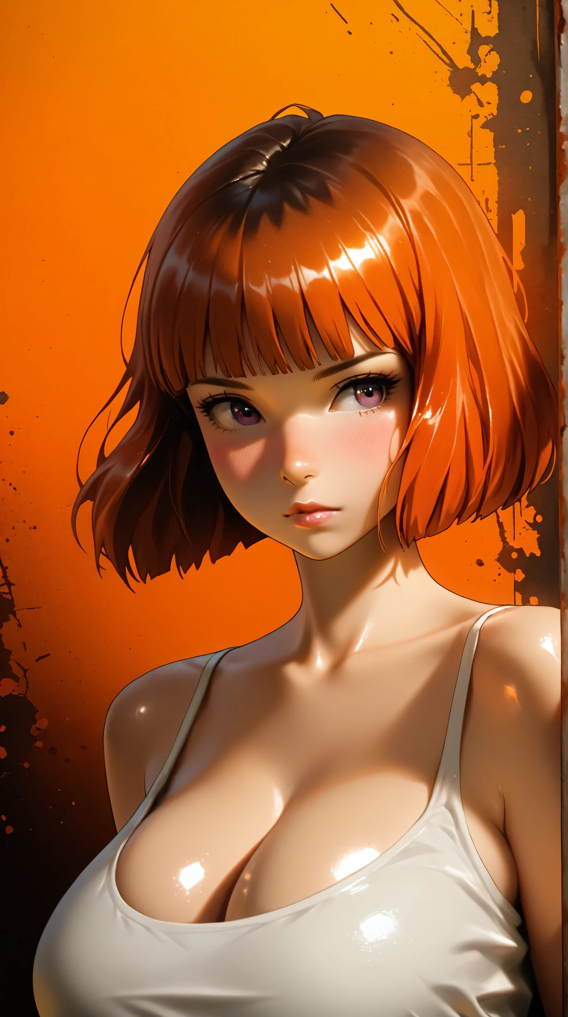 (realistic:1.1),ghibli ,anime ,(en girl ,1girl ),,lip, Laplap,Fiberglass, fluorescent orange gradient background, Rust hair,Blunt bangs hair, Asian ,, (masterpiece,best quality,niji style), shiny skin, (eyes looking off to side), Highly detailed, Amazing work,Vitreous luster, blues, purples, pinks, Best quality at best,shiny skin, no background, colorful background, orange background, rust background, burgundy background, heavy blushing, huge breasts, cleavage,