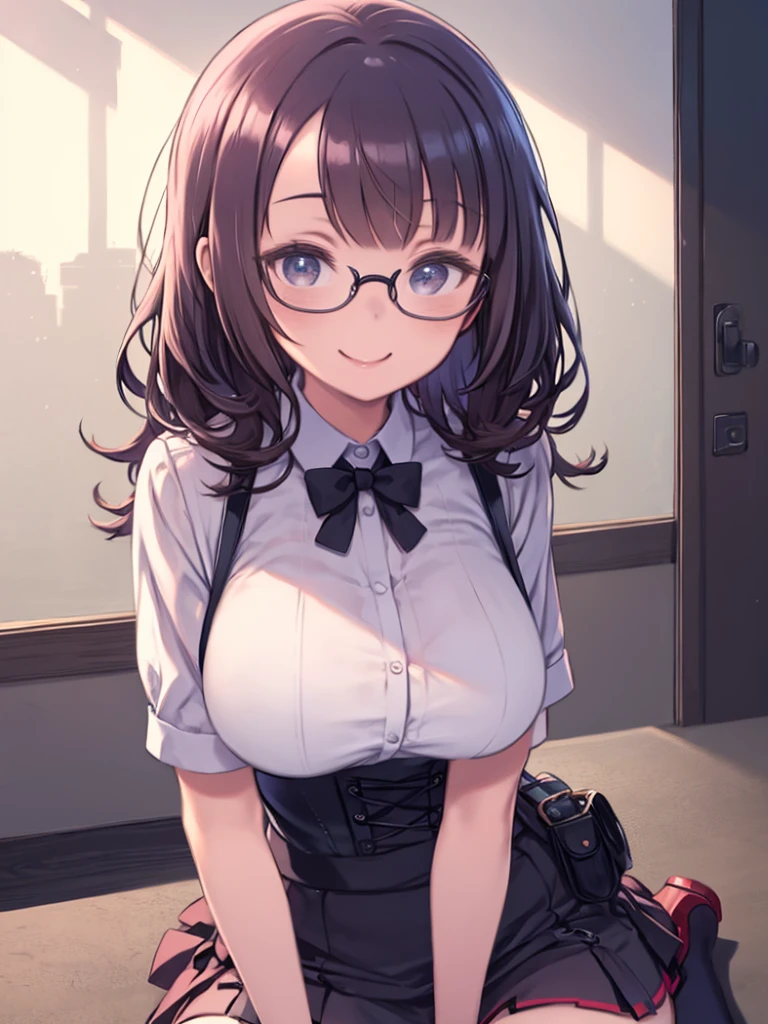 Women wearing grey school uniform, glasses ,brown hair, grey hair, white  socks,