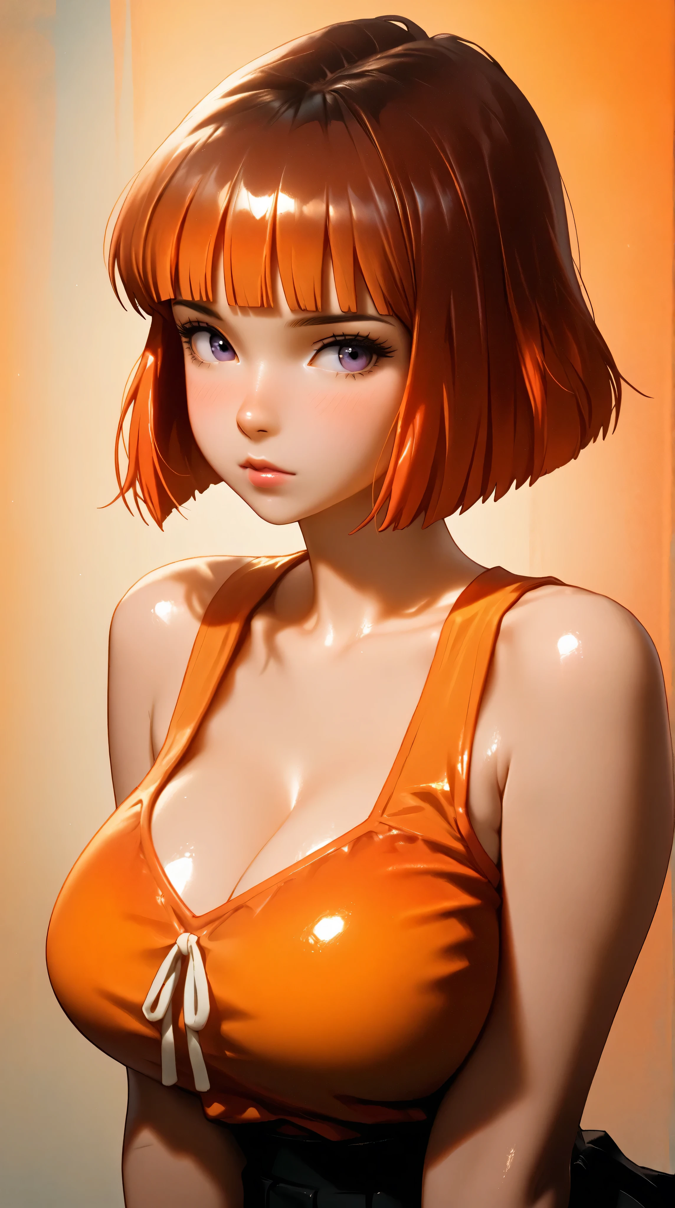 (realistic:1.1),ghibli ,anime ,(en girl ,1girl ),,lip, Laplap,Fiberglass, fluorescent orange gradient background, Rust hair,Blunt bangs hair, Asian ,, (masterpiece,best quality,niji style), shiny skin, (eyes looking off to side), Highly detailed, Amazing work,Vitreous luster, blues, purples, pinks, Best quality at best,shiny skin, no background, colorful background, orange background, rust background, burgundy background, heavy blushing, huge breasts, cleavage,