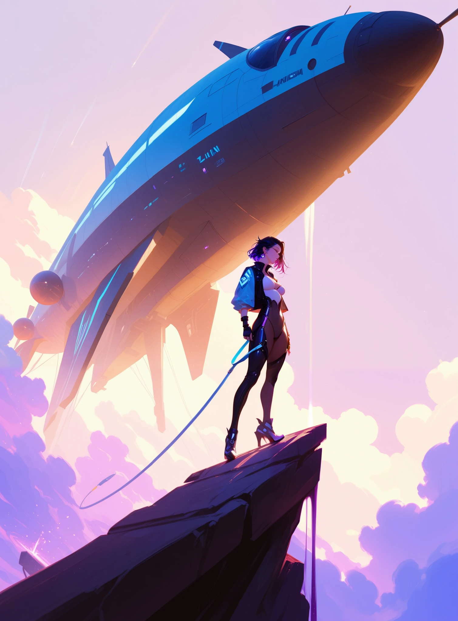 masterpiece, best quality, good quality, very aesthetic, absurdres, newest, 8K, depth of field, focused subject, a futuristic sci-fi scene featuring a large, dark, mechanical structure with intricate details and glowing blue lights, set against a misty, atmospheric background. A spaceship or aircraft is seen in sideview, next to it a small, solitary figure stands on the platform that is extending from the structure, possibly looking out into the distance. The overall color scheme is cool and muted, with shades of blue, grey, and black dominating the image. The style is detailed with a focus on the contrast between the mechanical elements and the natural, misty environment. in the style of ckjs