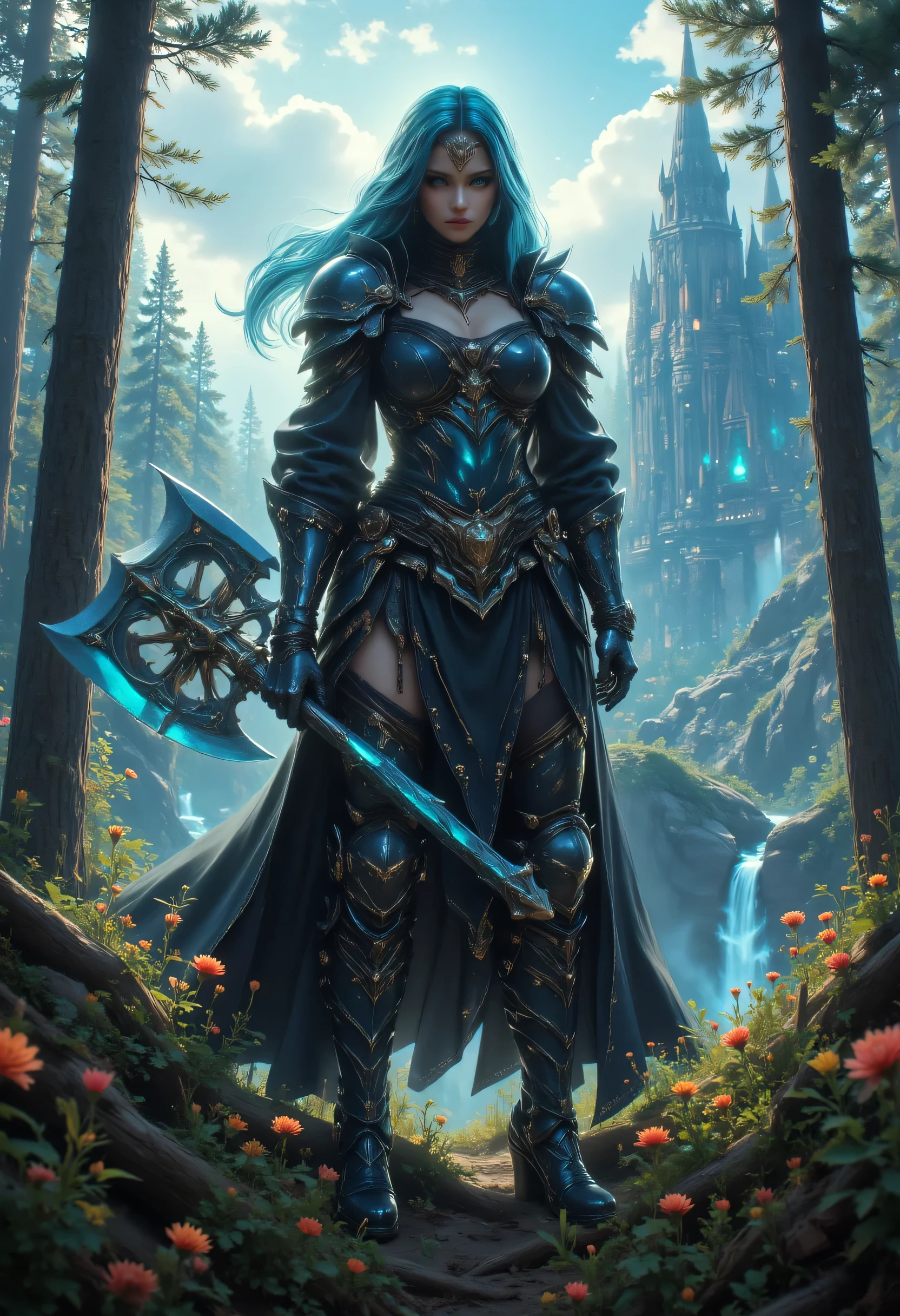 a fantasy art illustration of a  female giant knight armed with a mighty axe standing in a fantasy forest, she is taller than the trees, a wild beautiful, exotic beautiful giant knight, ((anatomically correct: 1.5), (ultra detailed face: 1.2), best detailed face, azure hair color, dynamic hair style, armed with a giant axe, shiny axe, its blade reflects the sunlight, studded with gems, wearing blue glass armor, wearing black leather jacket, colorful flowers entwined in her axe, dynamic armor color, wearing high heeled boots, standing near a fantasy temple, magnificent temple, in a dark forest, plenty of trees,  with a tower, clouds in the sky some sun rays, vibrant, Hyperrealism style, vibrant, Ultra-high resolution, High Contrast, (masterpiece:1.5), highest quality, Best aesthetics), best details, best quality, highres, ultra wide angle, 16k, [ultra detailed], masterpiece, best quality, (extremely detailed) RAW, invert color, Celestial Fantasy, hkmagic