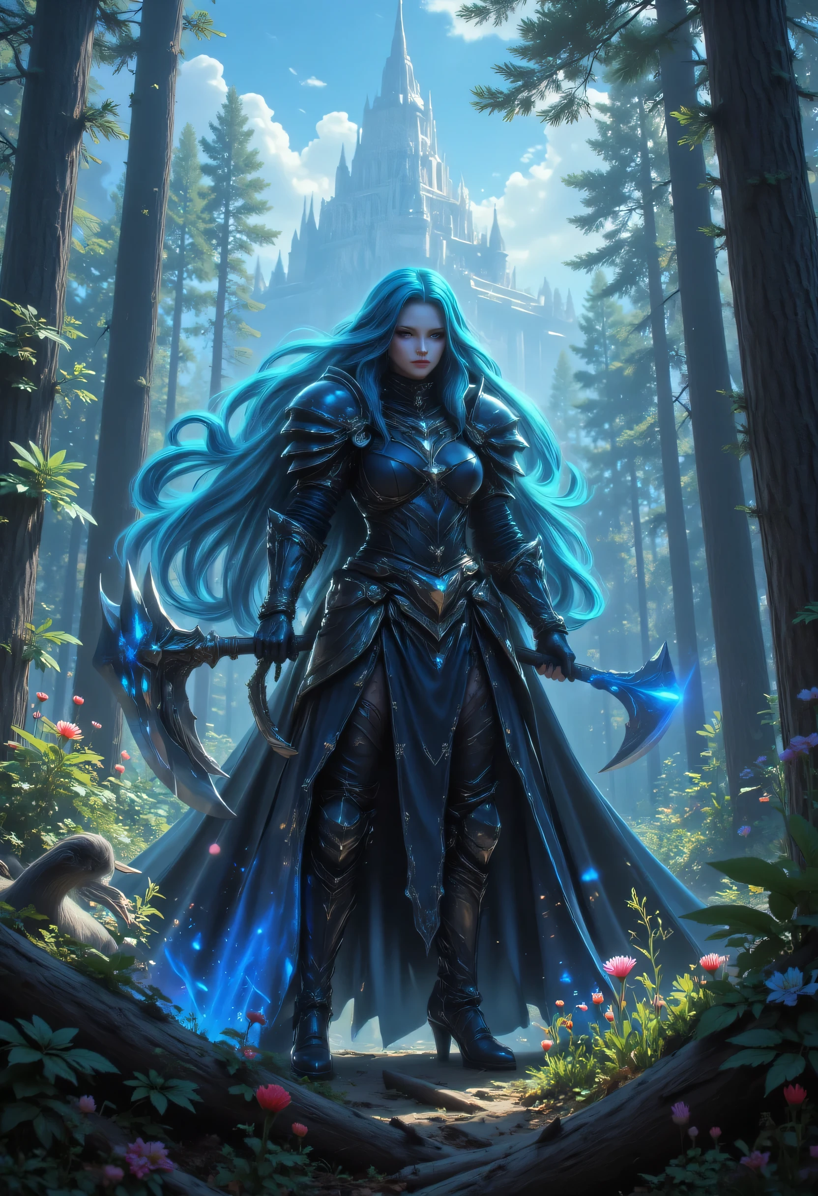 a fantasy art illustration of a  female giant knight armed with a mighty axe standing in a fantasy forest, she is taller than the trees, a wild beautiful, exotic beautiful giant knight, ((anatomically correct: 1.5), (ultra detailed face: 1.2), best detailed face, azure hair color, dynamic hair style, armed with a giant axe, shiny axe, its blade reflects the sunlight, studded with gems, wearing blue glass armor, wearing black leather jacket, colorful flowers entwined in her axe, dynamic armor color, wearing high heeled boots, standing near a fantasy temple, magnificent temple, in a dark forest, plenty of trees,  with a tower, clouds in the sky some sun rays, vibrant, Hyperrealism style, vibrant, Ultra-high resolution, High Contrast, (masterpiece:1.5), highest quality, Best aesthetics), best details, best quality, highres, ultra wide angle, 16k, [ultra detailed], masterpiece, best quality, (extremely detailed) RAW, invert color, Celestial Fantasy, hkmagic