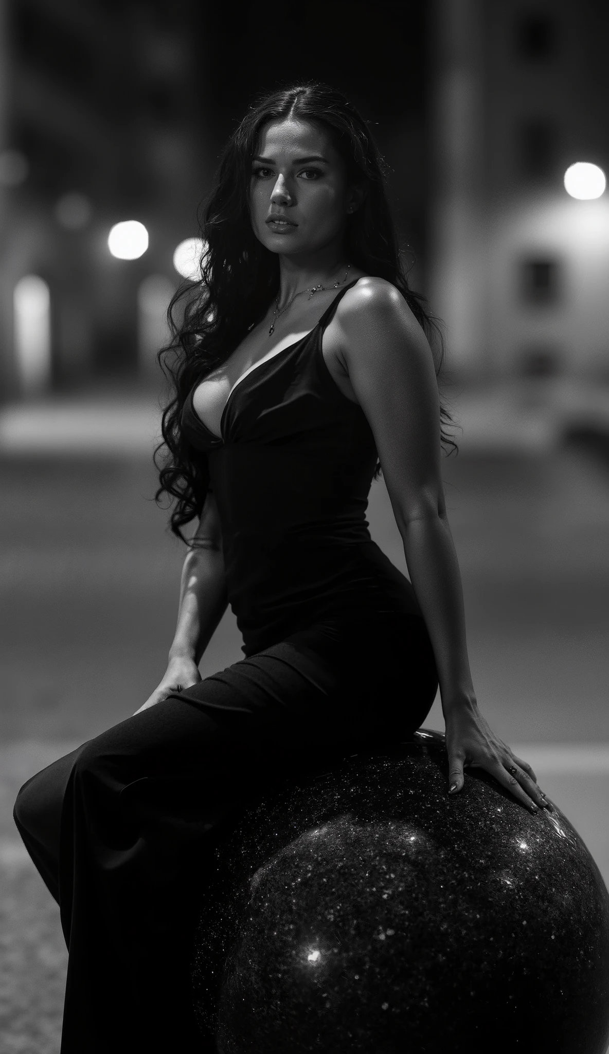 (best quality, 128k,highres,masterpiece:1.2),ultra-detailed,(realistic,photorealistic,photo-realistic:1.37), ((masterpiece)) ((photography)) ((Highest quality)) A highly detailed black and white professional photography of a stylish woman sitting gracefully on a stone sphere in an urban night setting. She wears a form-fitting black dress with a deep neckline, her long wavy hair flowing naturally. Her gaze is confident and slightly enigmatic. The blurred city lights in the background create a beautiful bokeh effect, emphasizing the contrast between light and shadow. The texture of the stone, the fabric of her dress, and the soft glow of street lamps add depth and atmosphere to the composition. The overall tone is cinematic, evoking a sense of elegance and mystery.