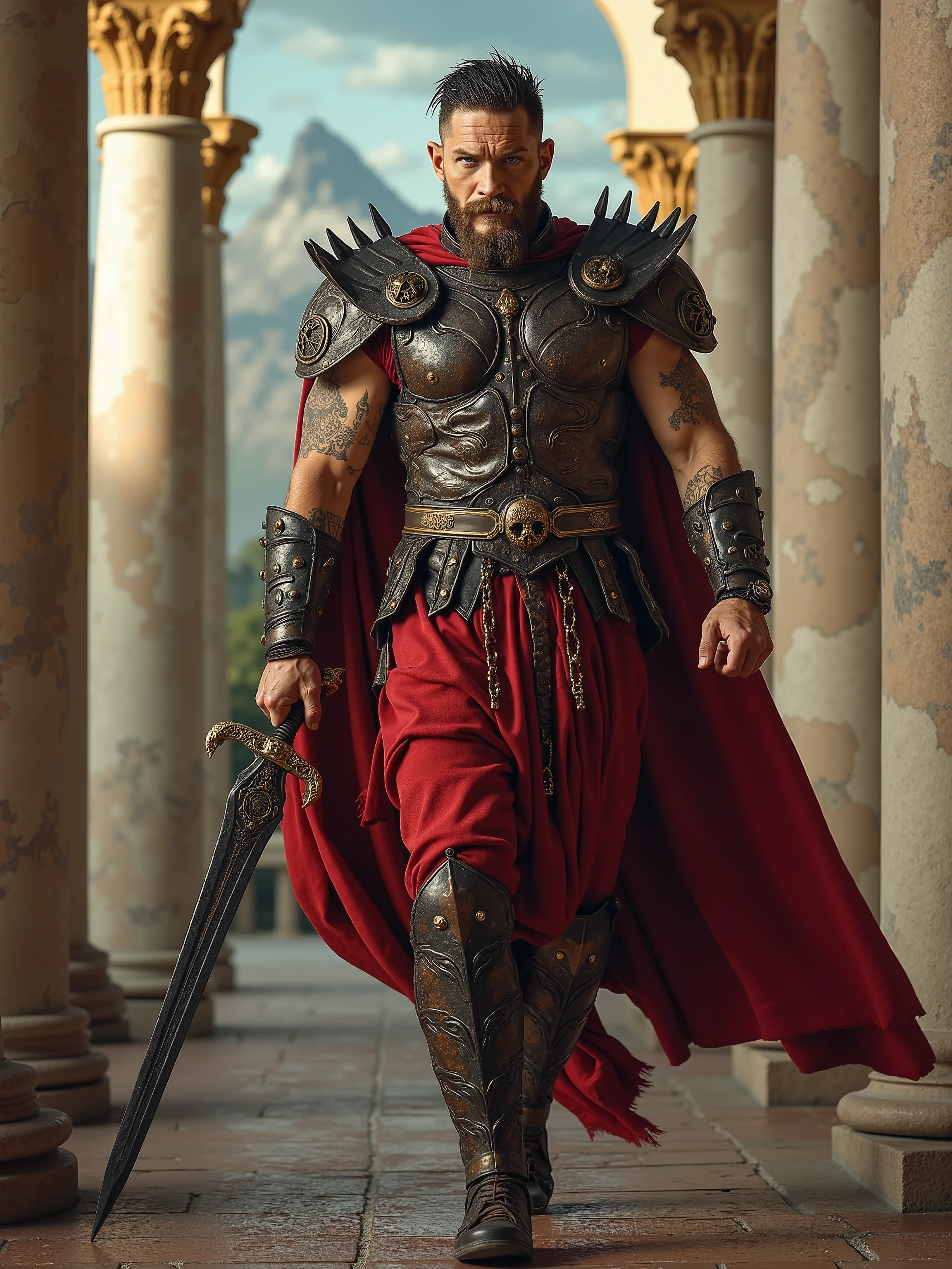 Tom Hardy reimagined as a majestic Greek god Ares walking and holding a sword､dramatic atmosphere, 1 male､ 

A towering, battle-hardened figure with a powerful, muscular build, exuding raw aggression and indomitable strength. Short, dark hair is tousled from war, framing a strong, scarred jawline. His piercing, battle-worn eyes blaze with an unrelenting fire, filled with the thirst for conquest. His expression is fierce, his presence commanding—an unstoppable force on the battlefield.

A blood-red, high-collared tunic, torn and battle-scarred, clings to his form beneath a brutalist breastplate of blackened iron and deep crimson, engraved with battle scars and ancient war sigils. Massive, jagged pauldrons curve like spiked shields over his shoulders, while thick gauntlets and greaves, marked with the symbols of endless war, reinforce his unyielding frame. A heavy crimson cloak, frayed at the edges yet regal, drapes behind him, fastened with a skull-adorned golden brooch. In his grip, a massive double-edged sword, its blade darkened with age and legend, hums with the echoes of past battles, ready to strike down enemies with godlike fury.

, shows his male character's full figure, athletic body, perfect  face, full body, extremely beautiful, god, male shape, perfect anatomy, The background showcases the majestic architecture of Mount Olympus, with grand marble arches, towering golden spires, and ethereal clouds, photorealistic, masterpiece, realistic, high contrast, 8k, HD, high definition detailed, detailed, hyper detailed, realistic skin texture, best quality, ultra high resolution, hyper realistic, no text, very detailed eyes, dramatic lighting