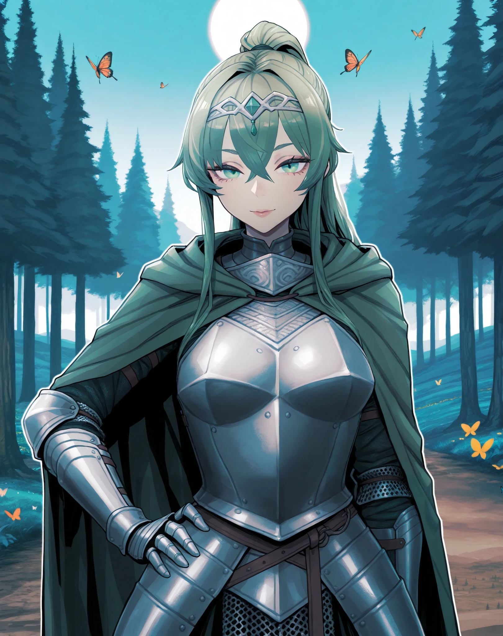 masterpiece, best quality, Chiaroscuro, bee_(deadflow) style, Yusuke Murata style, solo, 1girls, colorful, strong colors, outline, upper body shot.
Illustration of hot girl with green hair standing outside on a road. She has medium breasts and wears plate armor with a green cloak. The hood is down.
green hair, straight hair, long hair, ponytail, crossed bangs, sidelocks, green eyes, medium breasts, curvy, lips, plate armor, eyelashes, circlet, green cloak, light smile,, hand on hips, looking at viewer, outdoors, medieval fantasy, forest, sky, sun, butterflies.