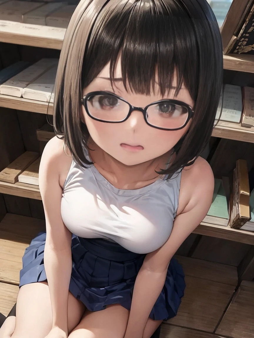 nsfw,1girl,18yo,perfect hands, perfect finger,perfect anatomy, masterpiece, best quality,realistic, hyperrealistic, 16k hdr,, aamii, short hair, black hair, brown eyes, glasses, (no bra,no , T-shirt,denim mini skirt:1.2),(lift up T-shirt),outdoor, from below,(sweat:1.3),(red blush, smile),small breaslace,(leaning forward,squatin:1.2,pubic hair:1.3),(wink),(peace sign:1.3),