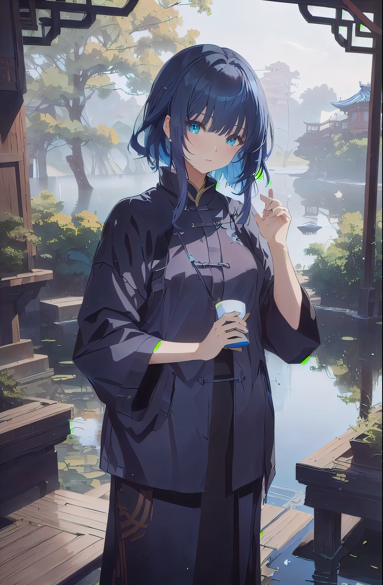 anime character with dark blue hair and blue eyes standing in front of a pond, anime moe artstyle, inspired by Bian Shoumin, artwork in the style of guweiz, black - haired mage, by Yang J, inspired by Ma Yuanyu, rin, inspired by Chen Daofu, full body xianxia, inspired by Cao Zhibai